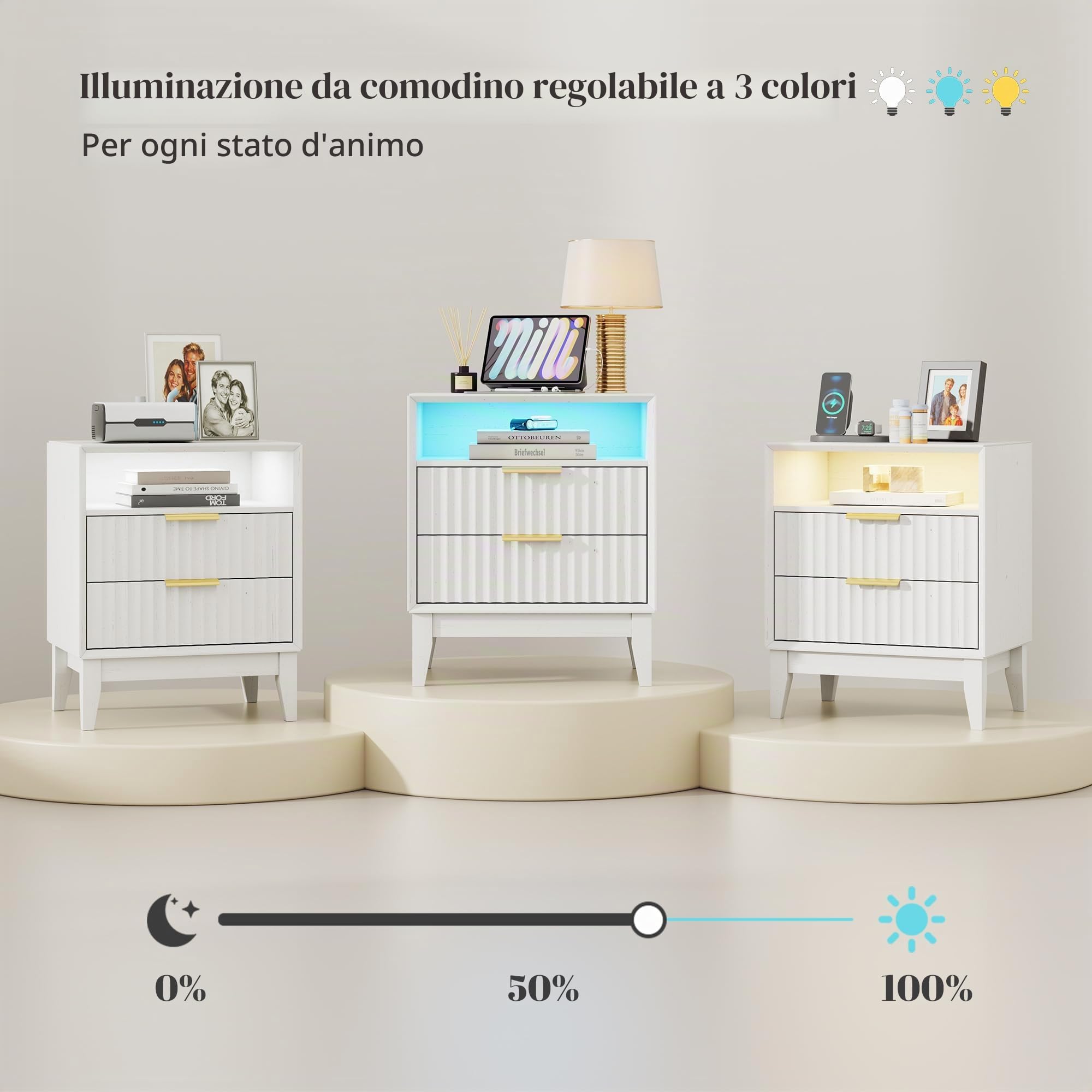 LVSOMT Comodino con stazione di ricarica e illuminazione a LED, cassetto nascosto con serratura RFID, comodino in stile Mid-Century Modern per la camera da letto, 2 cassetti e ripiano aperto, Bianco