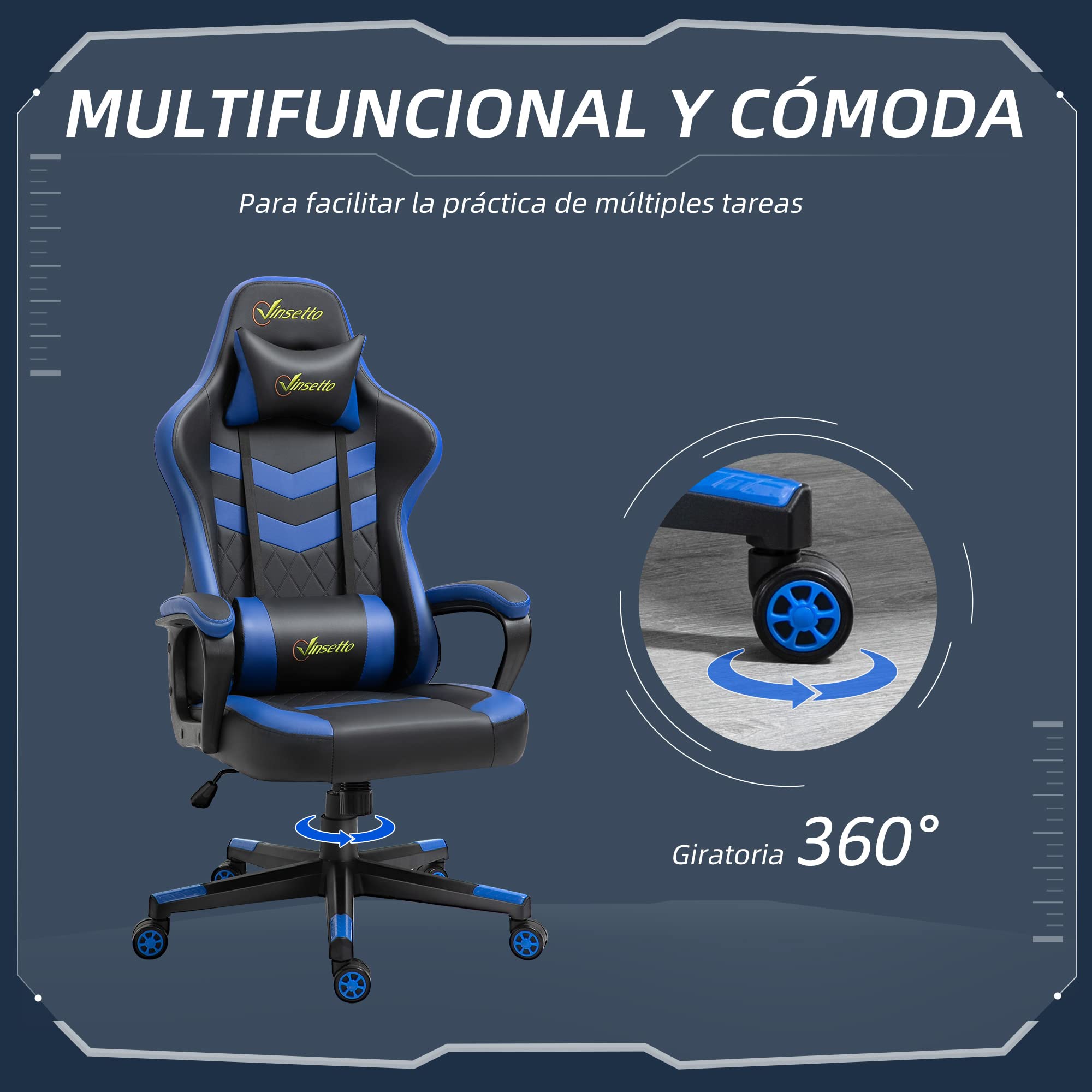 Vinsetto Silla Gaming Basculante Silla Gamer Altura Regulable con Reposacabezas y Cojín Lumbar para Salón Dormitorio Carga 120 kg 61x70x121-129 cm Azul