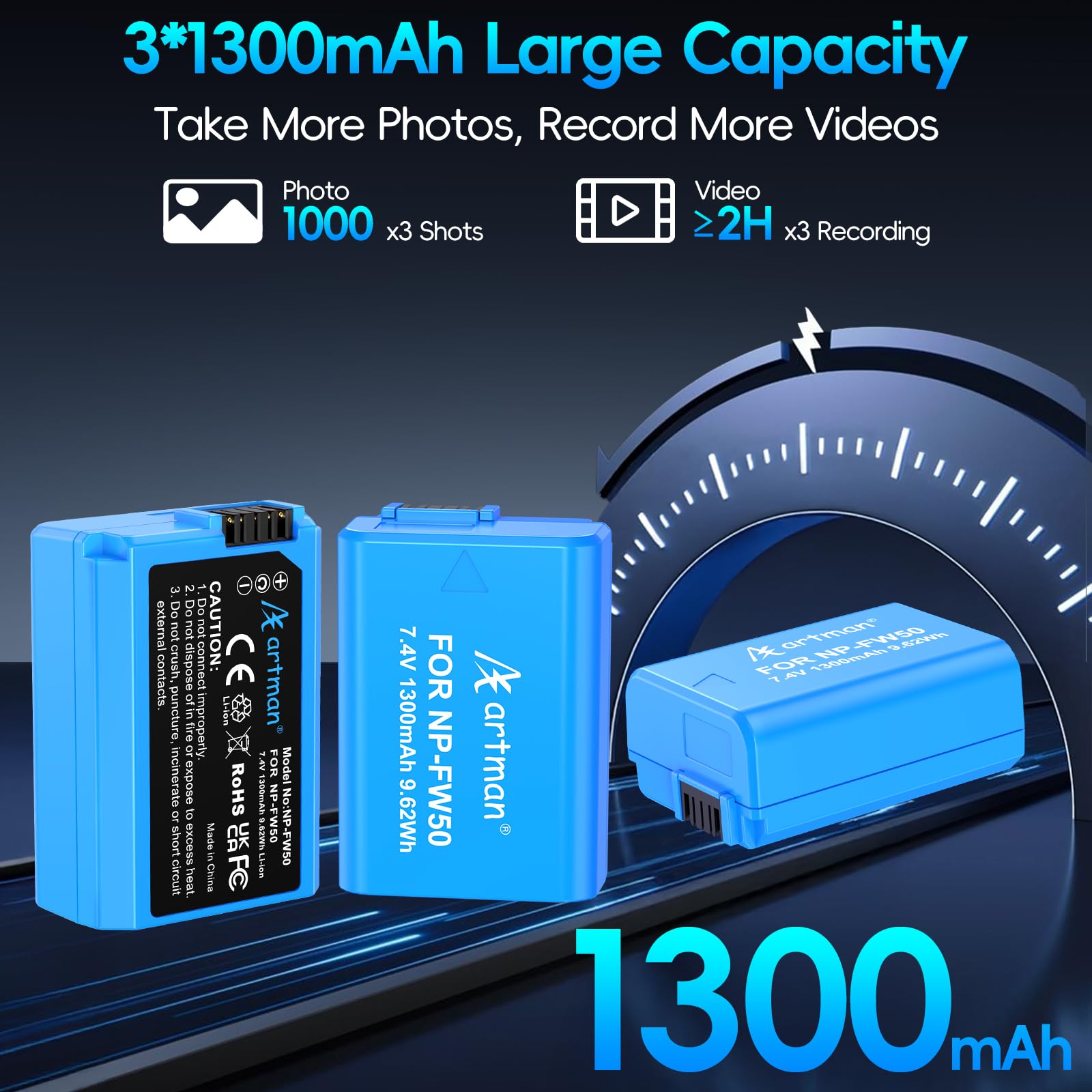 Artman NP-FW50 Lot de 3 batteries et 3 emplacements ZV-E10 Chargeur LCD pour Sony ZV E10, Alpha A6500 A6400 A6300 A6000 A5100 A5000, A7S II, A7S, A7R II, A7R, A7 II, A7, RX10 Appareils photo II III IV