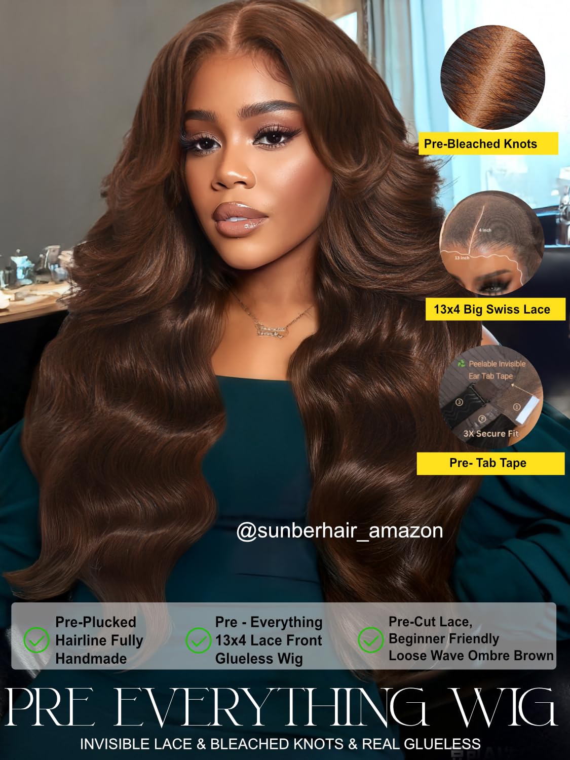 Sunber Loose Body Wave Human Hair Glueless Auburn Brown Wig with Adjustable Drawstring Pre Everthing Pre Cut 13x4 HD Lace Frontal Wigs Pre Plucked Bleached Invisible Knots Put on Go Brown Wig 26Inch