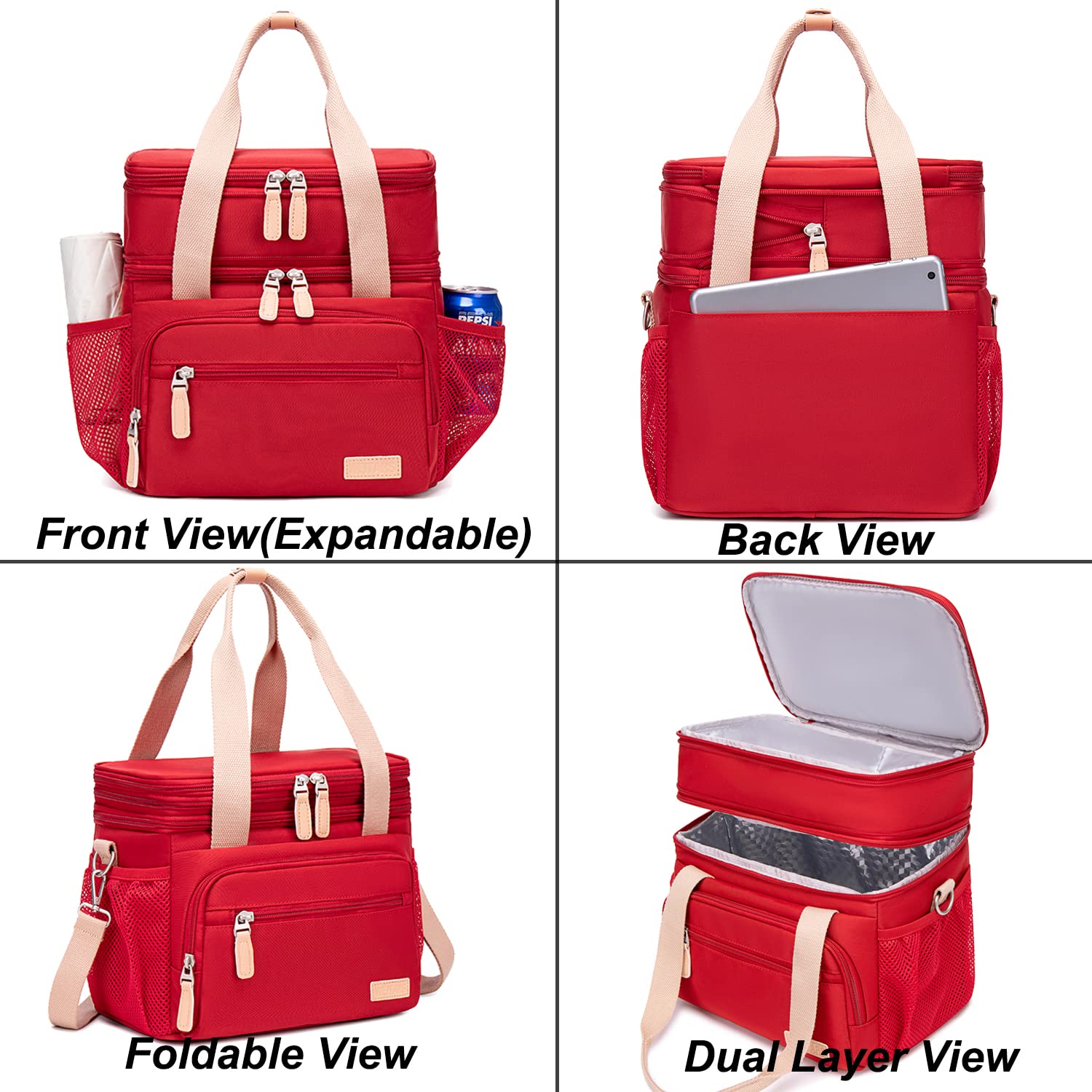 Weitars Fiambrera aislada para mujeres y hombres doble compartimento impermeable reutilizable grande bolsa de almuerzo para niñas y niños bolsa de nevera para trabajo picnic senderismo (15 L) (rojo)