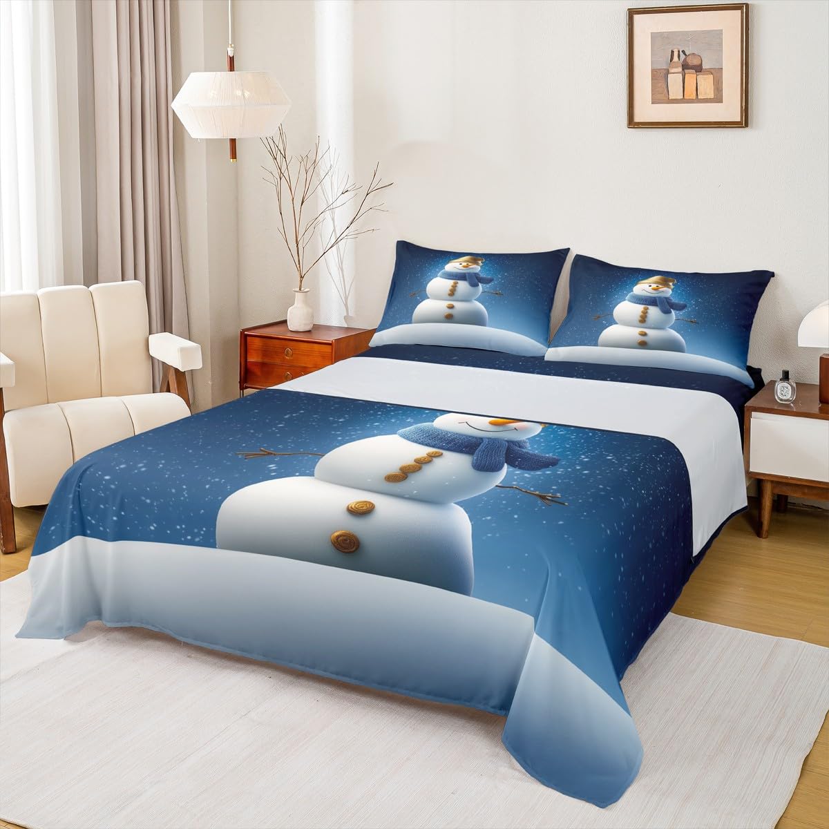 Homewish Uroczy bałwan prześcieradła podwójne Merry Christmas zestaw pościeli czapka Świętego Mikołaja bałwan zestaw pościeli - dla dzieci chłopców dziewcząt, szczęśliwego Nowego Roku dopasowane