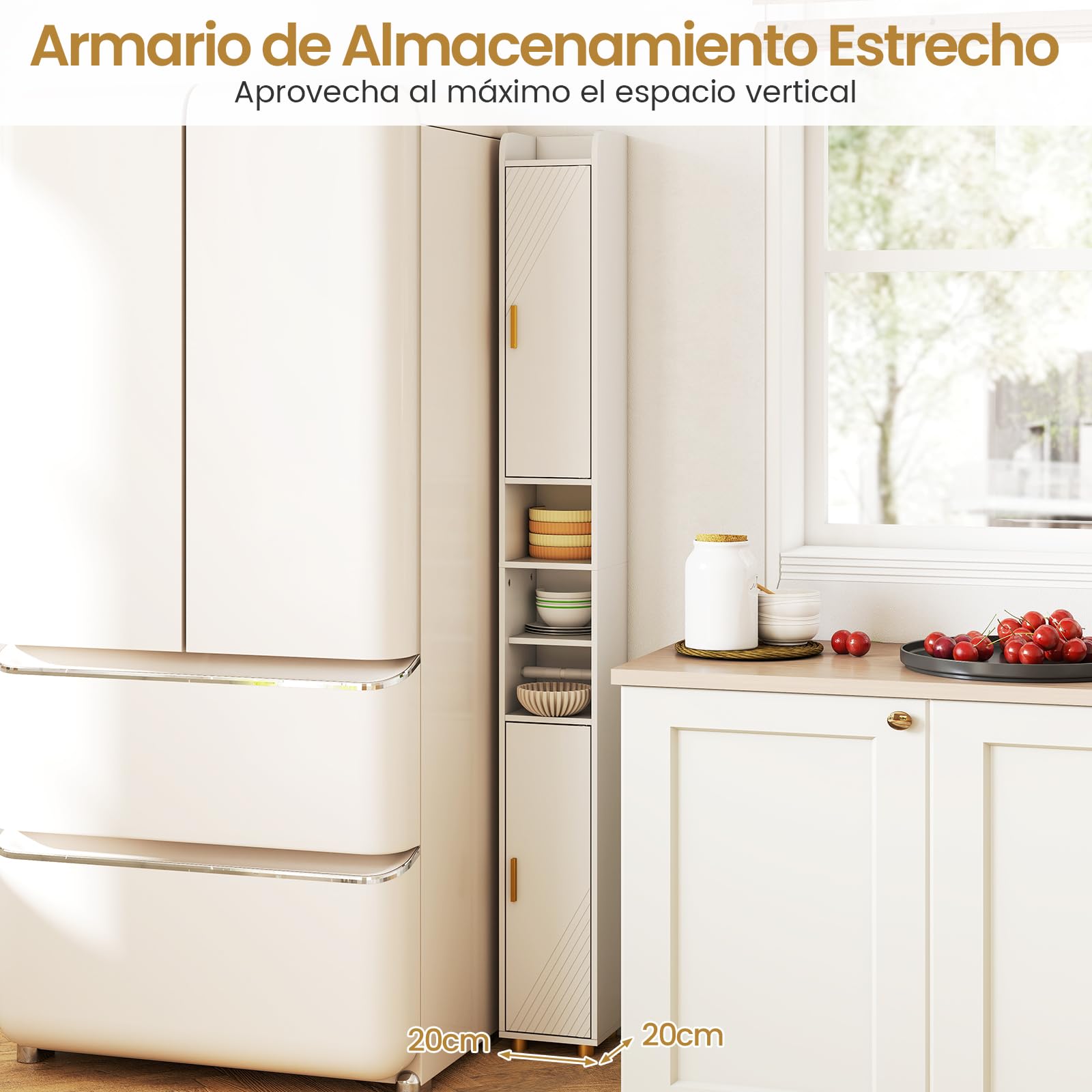 COSTWAY Armario Alto de Baño con 2 Puertas y Estantes Ajustables, Barra para Papel Higiénico y Gancho Lateral, Diseño Antivuelco, Mueble Columna Delgado, 20x20x180 cm(Blanco)