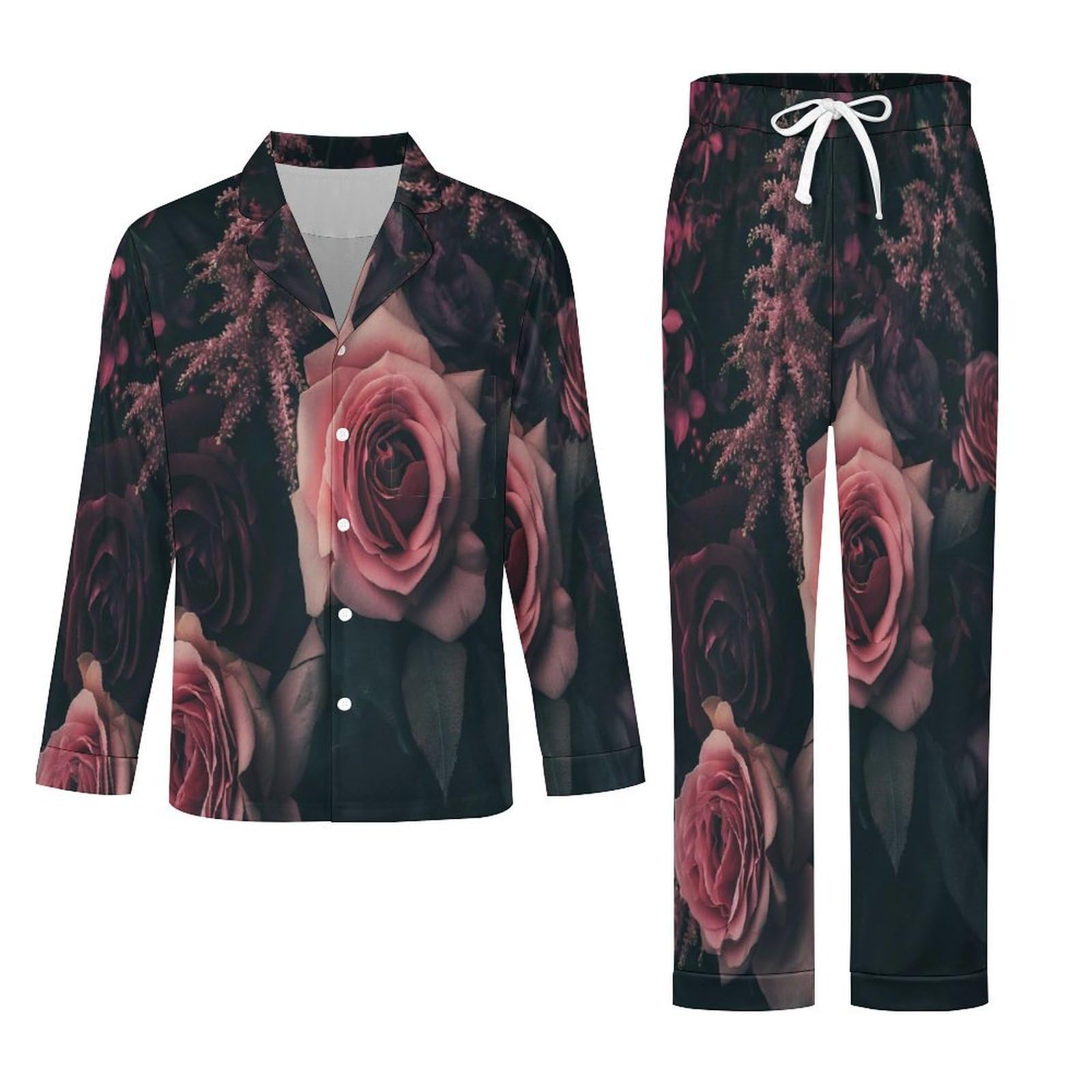 Completo Pigiama da Uomo 2 Pezzi - Rose Rosa Pigiama A Maniche Lunghe Abbigliamento da Casa 2 Pezzi Top + Pantaloni Morbido E Caldo Pigiama Autunnale E Invernale