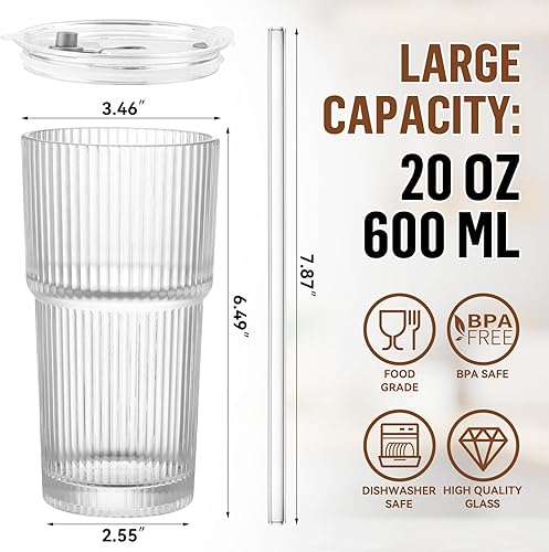 Miniatura 2 de Juego de 2 vasos de vidrio de 20 onzas con tapa y pajita, vaso de vidrio con popote y tapa, cristalería vintage para whisky, cóctel, cerveza, tazas