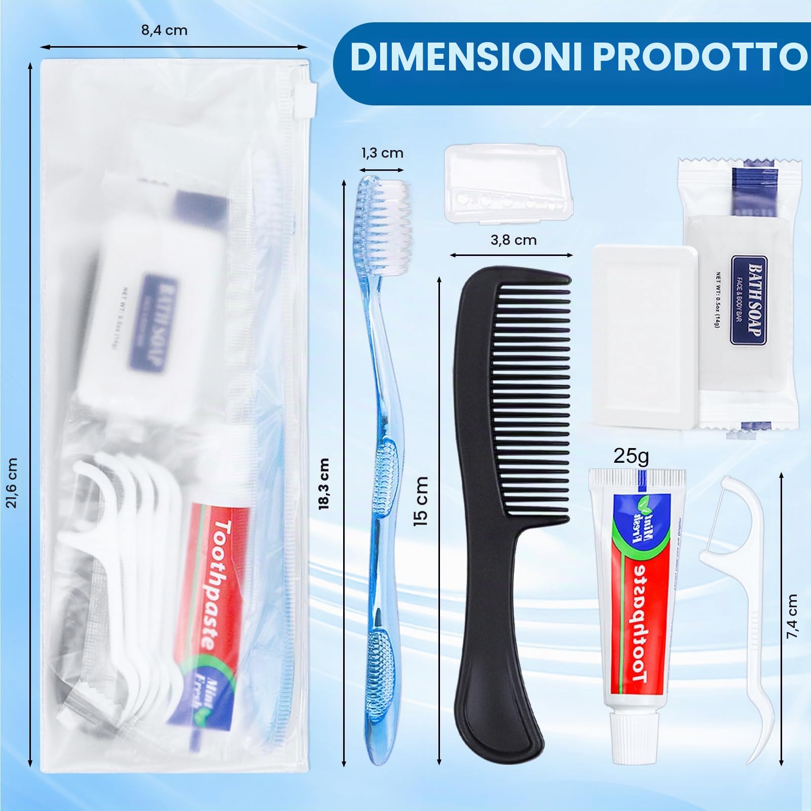25 set di kit per l'igiene personale, spazzolini da denti usa e getta con dentifricio, filo interdentale, pettine, sapone e copertura, kit da toeletta per senzatetto in blocco