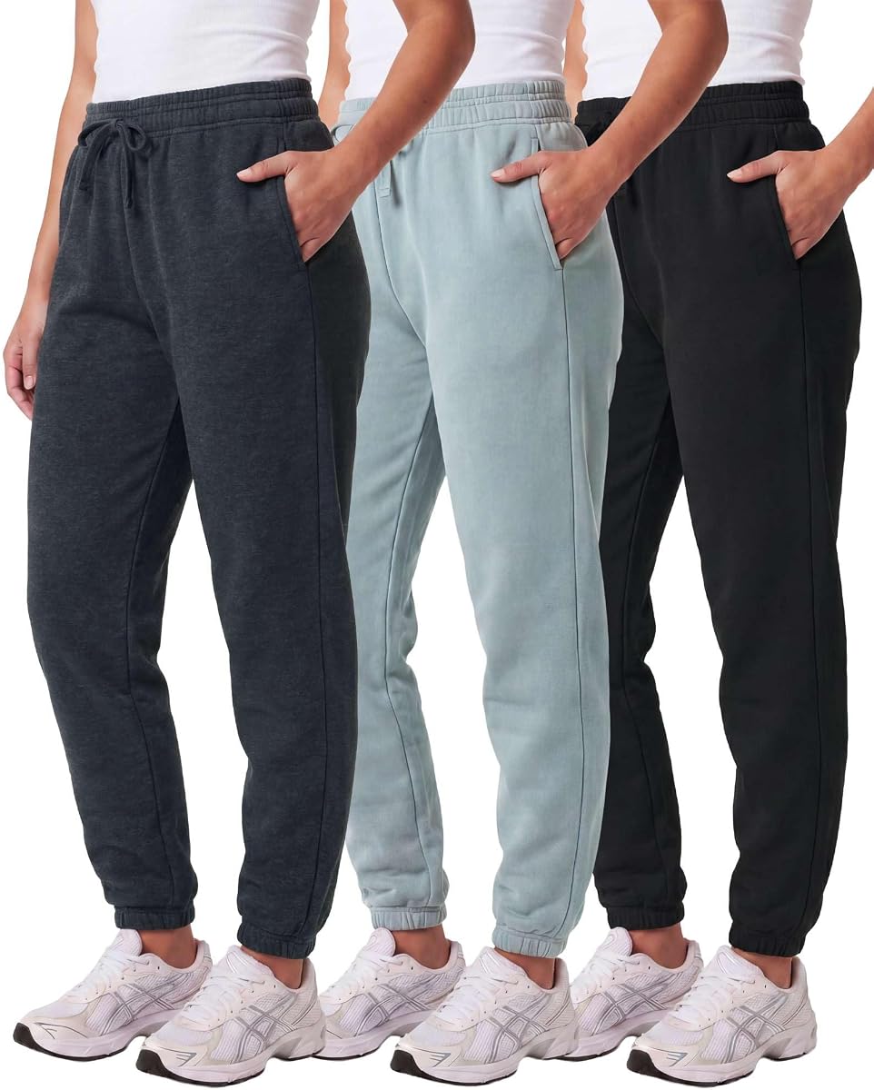 Real Essentials 3 Pack: Women's Fleece Jogger Sweatpants (Available in Plus Size)