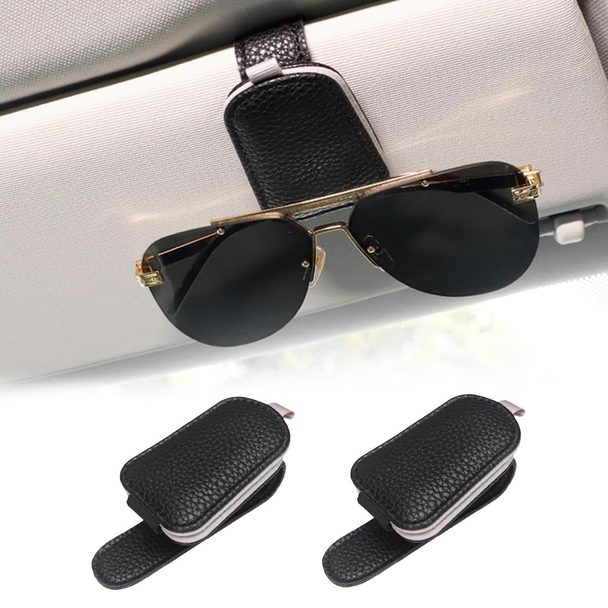 KITUREK Sunglass Holder for Car Sun Visor, PU Leather Magnetic Buckle Glasses Eyeglass Hanger Clip, Ticket Card Storage Sunglass Clip, Car Visor Accessories for Men and Women (Black+Gray, 2PCS)