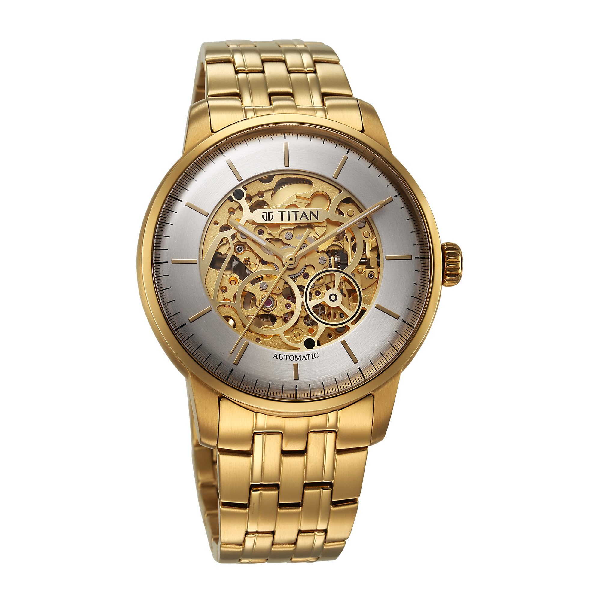 Titan Golden Heart Skeletal Automatic Analog with Silver Dial Yellow Gold Stainless Steel Strap Watch for Men