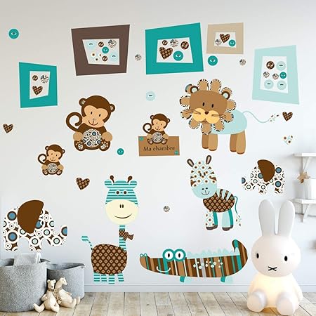 Stickers Muraux Enfants Decoration Chambre Bebe Stickers Muraux Enfant Sticker Mural Scandinave Autocollant Mural Animaux De La Savane H1 X L60 Cm Amazon Fr Bebes Puericulture