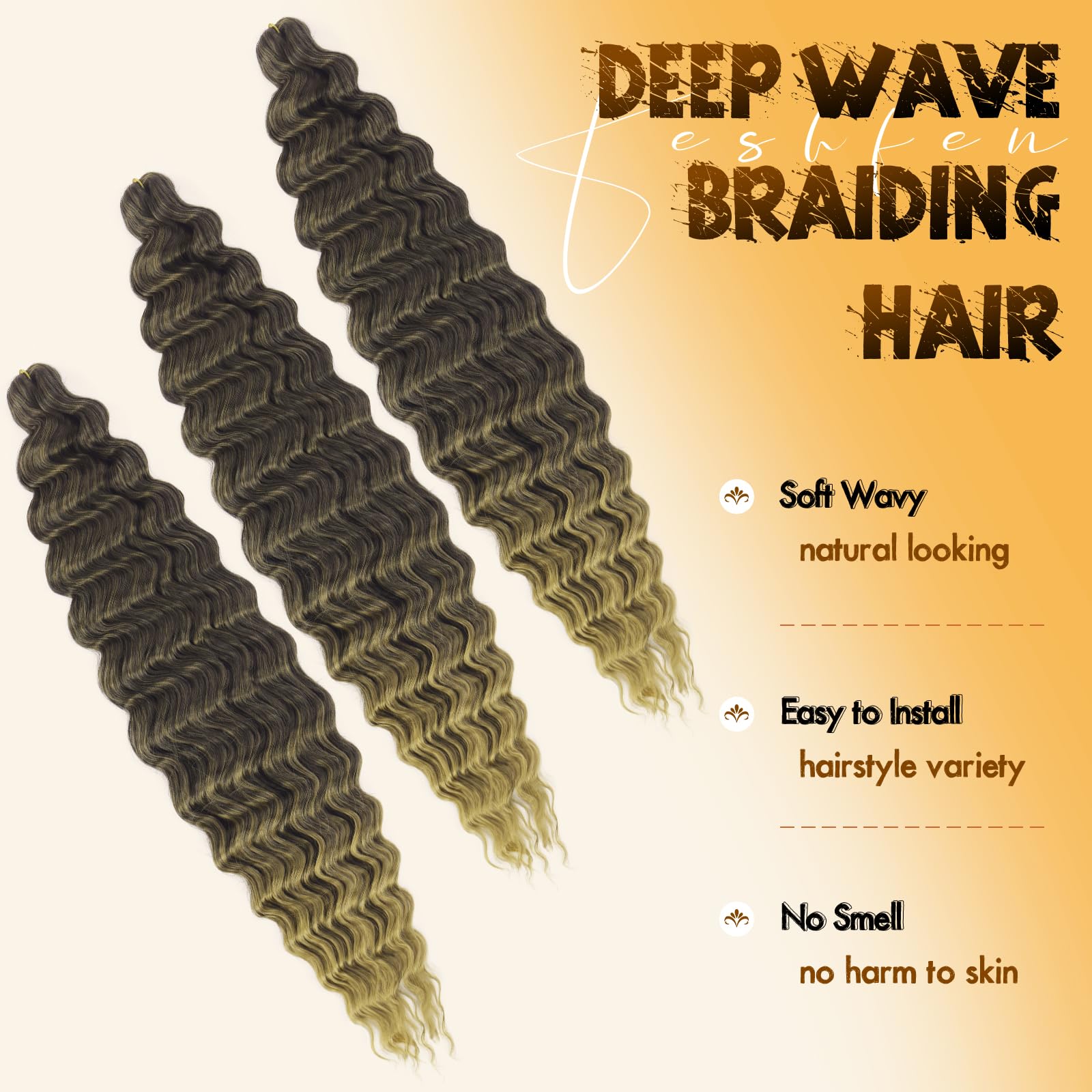 FESHFEN Deep Wave Crochet Hair Extensions - 3 Packs Ocean Wave Braiding for Black Women Synthetic Wavy Curly Boho Goddess Braids Extension, 22 inch Ombre Black/Golden Brown - Image 2
