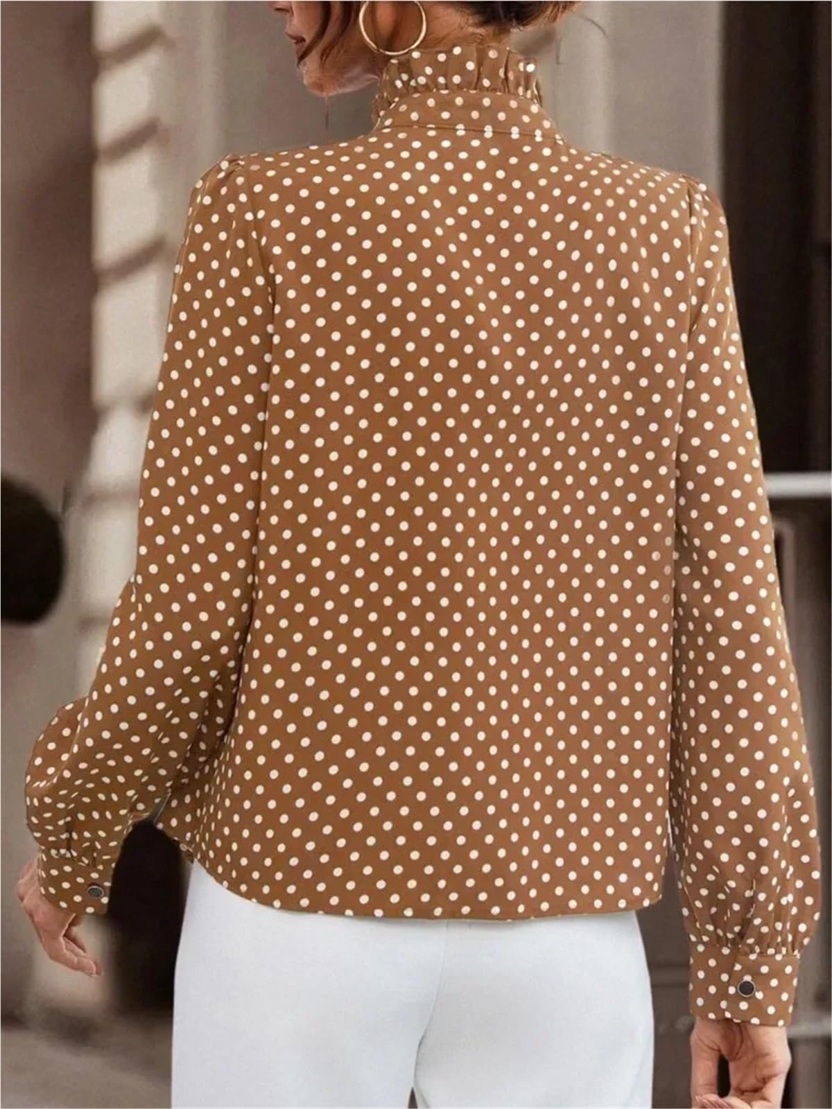 Damen T Shirt Mit Punkten Frühling Vintage Polka Dot Print Elegantes Hemd Damen Tops Stehkragen Langarm Rüschen Patchwork Hemd