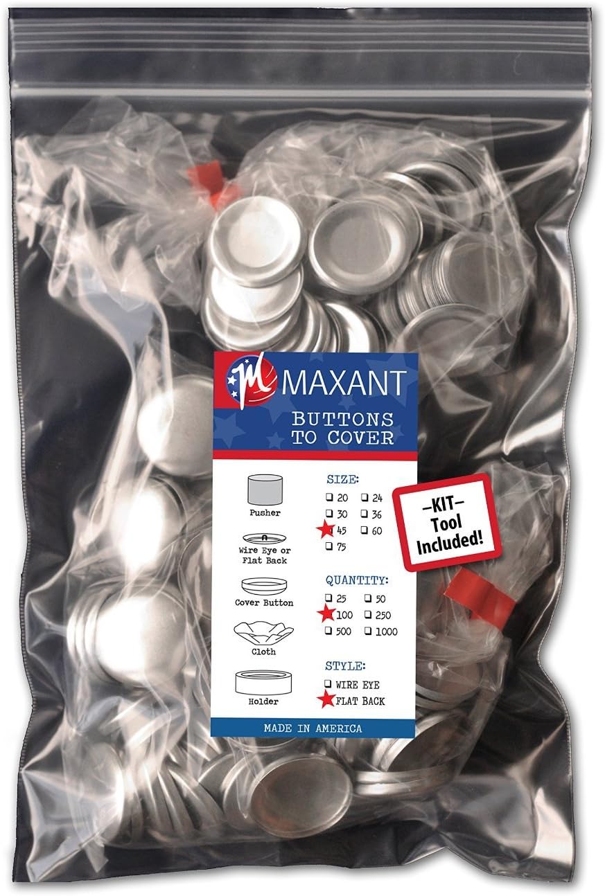 100 Buttons to Cover - Made in USA - Self Cover Buttons with Flat Backs - Size 45 (28mm) with Tool