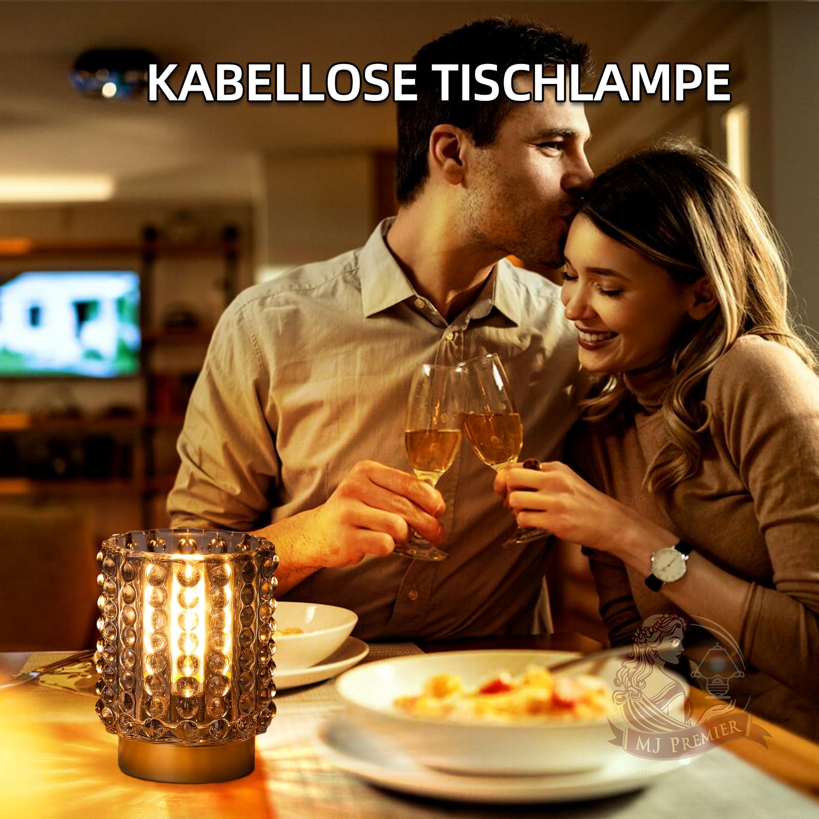 MJ PREMIER Batteriebetriebene Tischlampe mit Timer, Mini Glaslampe Kabellos, Kleine Kristall-Leuchte für Schlafzimmer, Bad, Flur, Regal – Ohne Steckdose Nutzbar, für Dekoration (Grau)