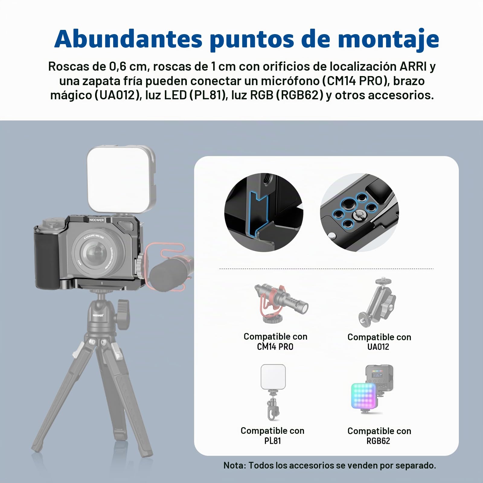 NEEWER ZV-E10 Jaula Cámara con Silicone Grip,1/4" Roscas, 3/8" Agujeros ARRI, Base QR Tipo Arca, Estabilizador Vídeo Rig Camera Cage Compatible con SmallRig Handles dji RS Gimbals Sony ZV-E10, CA003S
