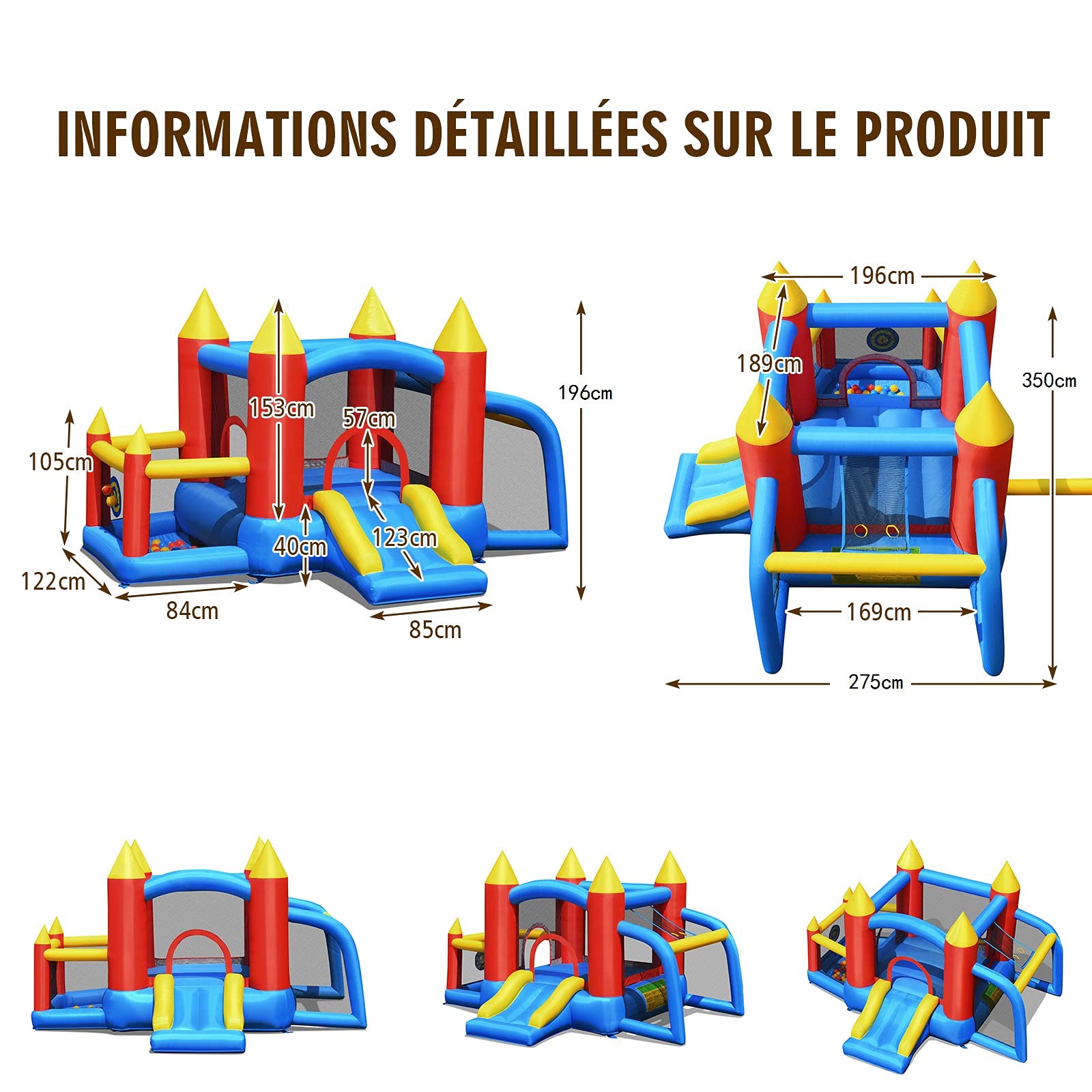COSTWAY Château Gonflable avec Toboggan et Souffleur, Aire de Jeux Gonflable avec Maison de Saut et Piscine, But de Football, 60 Boules, Intérieur Extérieur, Charge 90kg pour 3-10 Ans