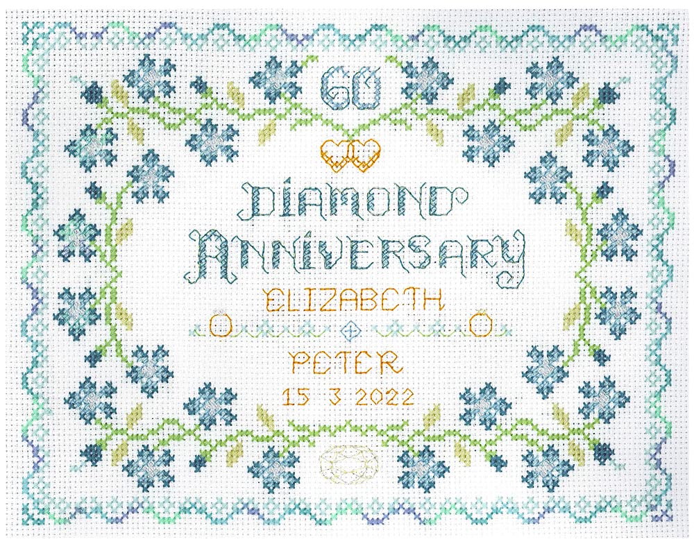 Lifetime Samplers & Decorative Textiles Diamond Wedding Anniversary Sampler for 60 Years of Marriage - Complete Cross Stitch kit on 14 aida with Clear Colour Chart