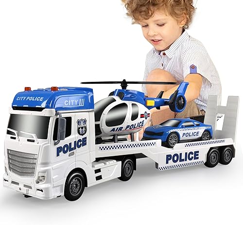 Miniatura 1 de Dwi Dowellin Juguetes para niños pequeños de 3, 4, 5, 6 años, semirremolque de 25 pulgadas con coche de carreras y helicóptero, juguetes de policía,