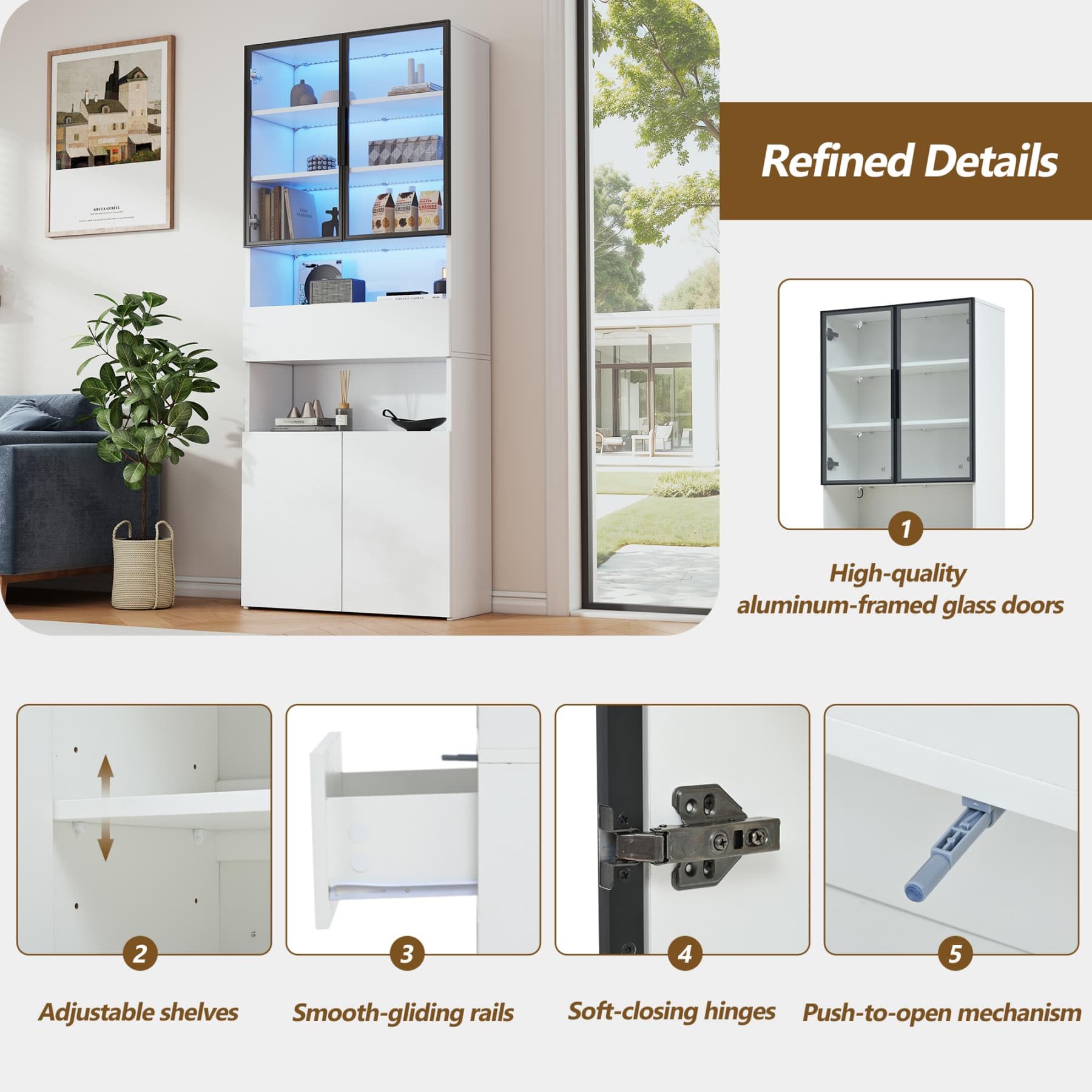 YEHTOKHOME Vitrina con LED y 2 puertas de cristal (blanco) | Cajón, estantes ajustables, biblioteca para libros y colección, para salón, dormitorio u oficina