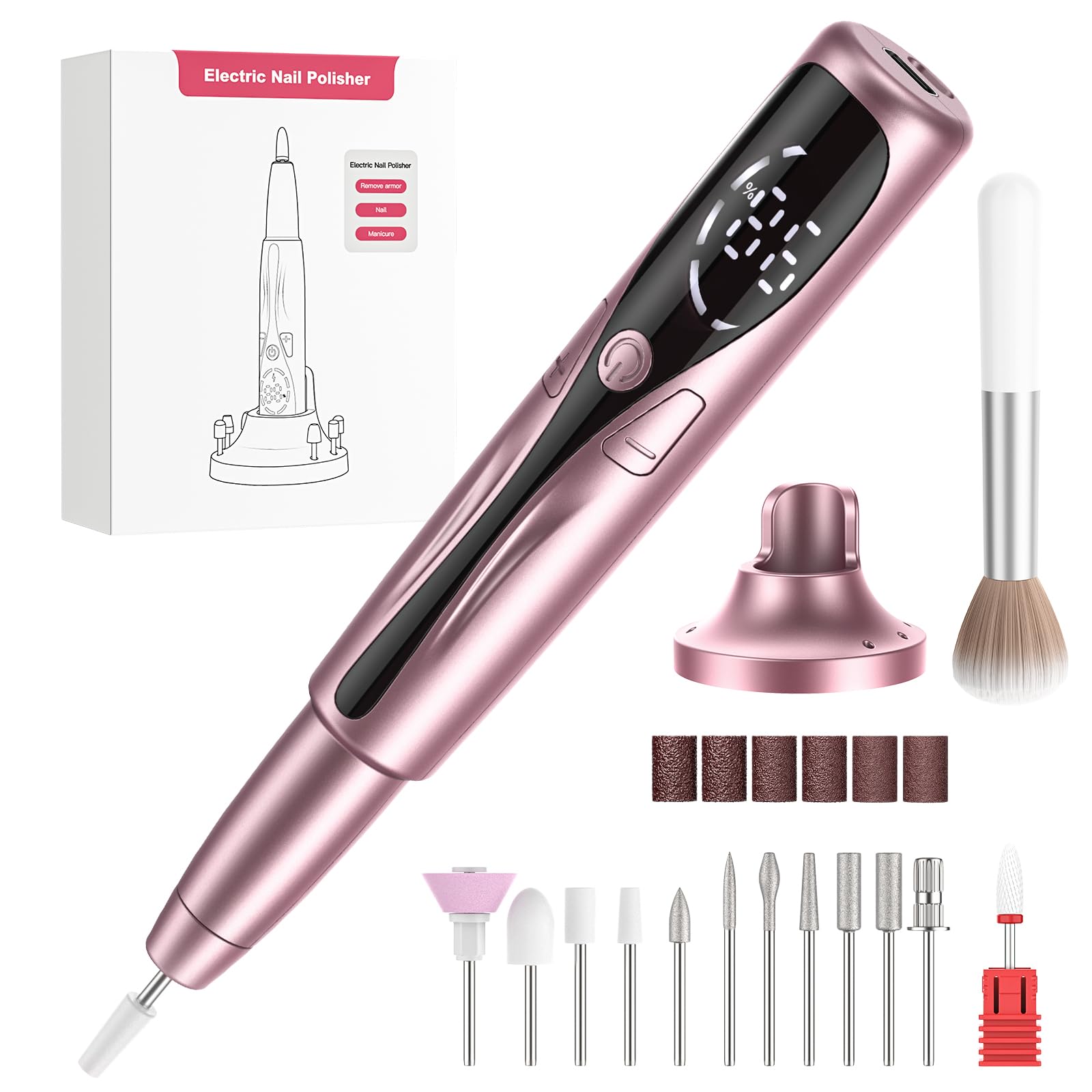 PKBD Nagelfräser Kabellos mit Multifunktionaler Ladestation, Professionelle Elektrische Nagelfeile für Gelnägel, Maniküre Set Elektrisch, Tragbar & Wiederaufladbar, Rosa Gold