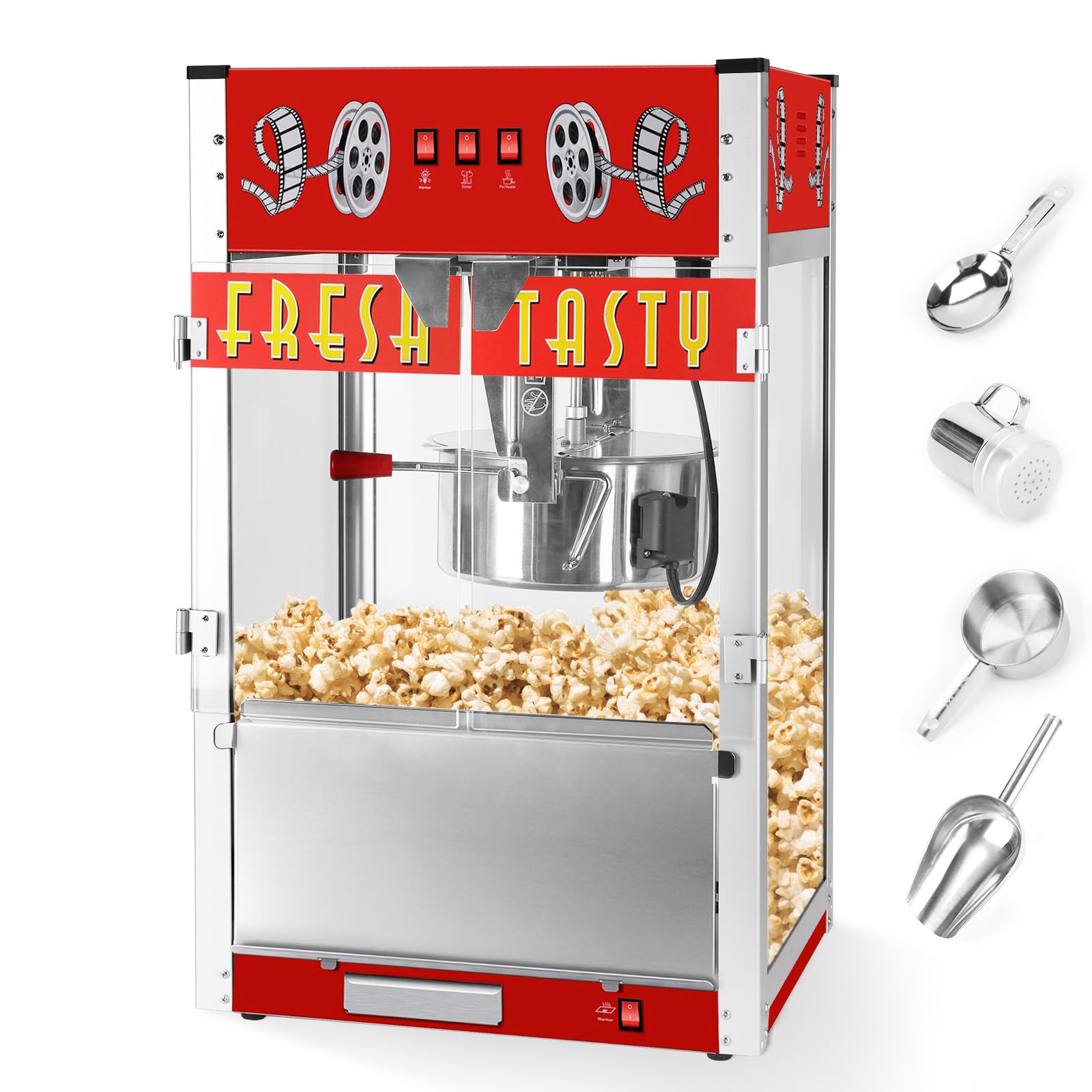 Commercial Popcorn Machine Maker, 30 Oz 1600W Large Capacity Theater Popper Cart with 3-Switch Control, Red Tabletop Snack Machine for Home, Business, Parties