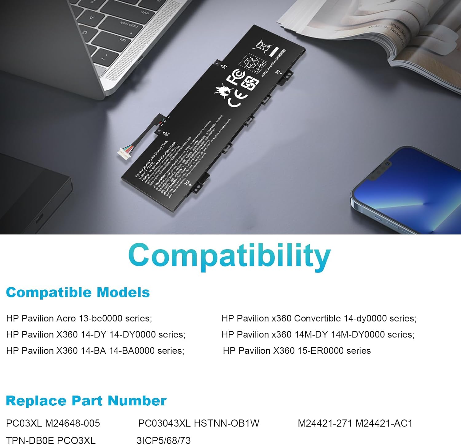 PC03XL Battery for HP Pavilion X360 14 15 14-DY 14-DH 14M-DY 14-BA 14-CD 14-EK 14-DW 15-ER Pavilion Aero 13-be Pavilion x360 Convertible 14-DY, HSTNN-OB1W M24421-271 M24421-AC1 PC03043XL M24648-005