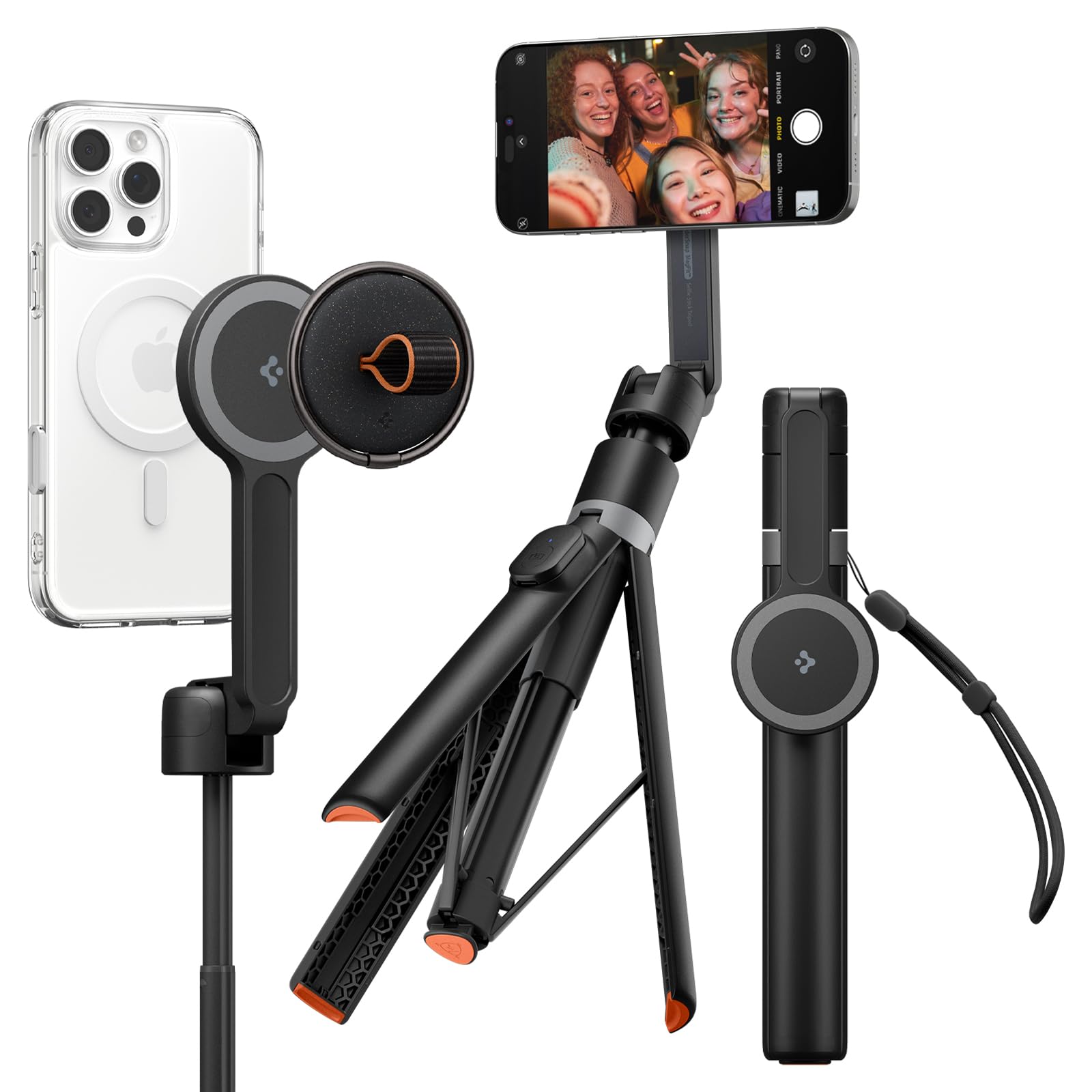 Spigen One Push Selfie Stick Stativ 168,5 cm [Auto-Öffnung & MagSafe] Bluetooth 4.2, mit Metallring & Schlaufe, kompatibel mit iPhone 16/15/14, Galaxy S25/S24/S23 & mehr - Schwarz | 144,8 cm (57 Zoll) ausziehbar für iPhone 17–12, Pixel 10 & Galaxy S26-S24, Z Fold 8 Ultra/Z Fold/Flip 8–7 und mehr – Schwarz