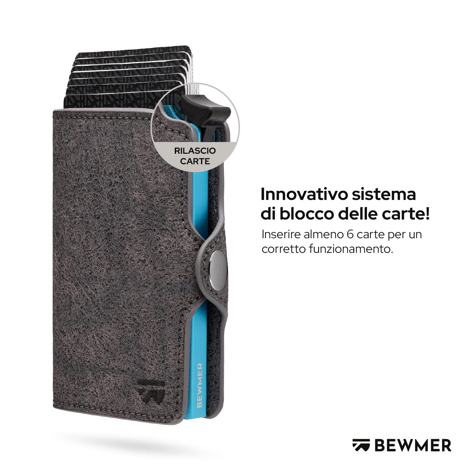 BEWMER Porta Carte di Credito 1 ZIP Schermato | Portafoglio Slim da Uomo e Donna | Porta Tessere e Documenti con Rfid Protection e Fermasoldi in Carbon Fiber (Grigio con Zip)