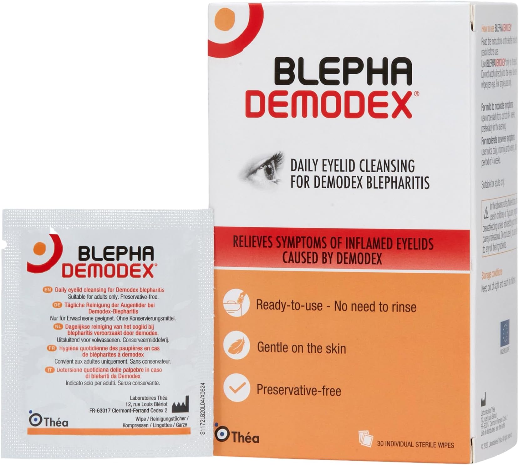 Preservative Free Eyelid Wipes | Relieves symptoms of inflamed eyelids caused by Demodex Blepharitis. Clinically proven to improve symptoms linked to Demodex. Pack of 30 sterile wipes