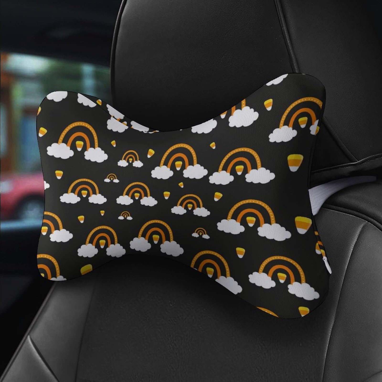 SMAZDFXX Halloween Candy Corn Rainbows Car Neck Pillow Set of 2 Car Seat Head Support Cushion Bone Pillows with Elastic Strap