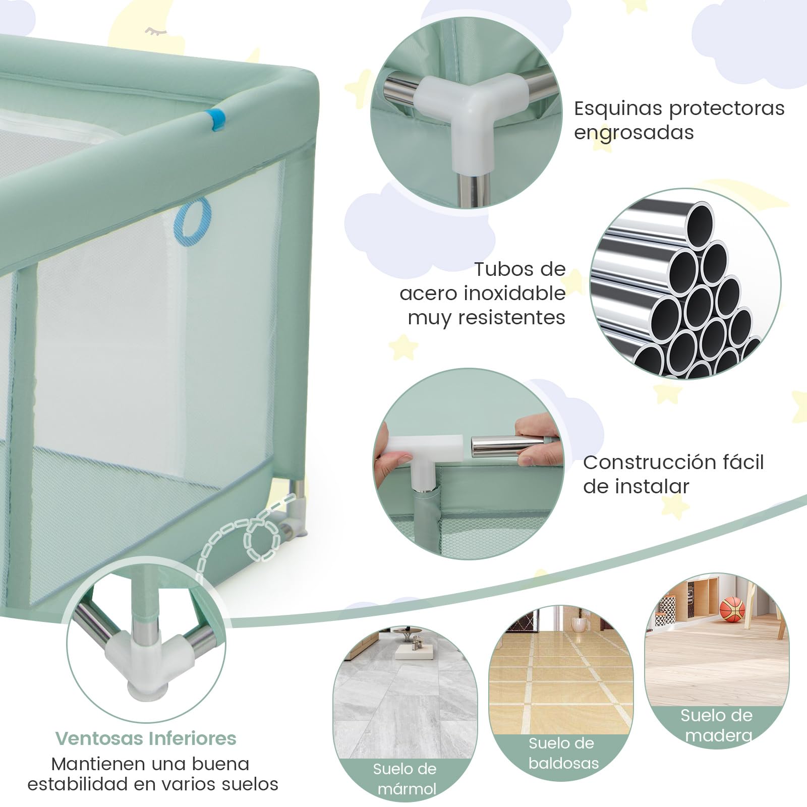 COSTWAY Parque Infantil Bebe 200 x 180 x 68 cm, Corralito Bebe con 50 Bolas, 4 Anillos, Malla Transpirable Suave, Asas, Valla para Bebés con Puerta, Base Antideslizante (Verde)
