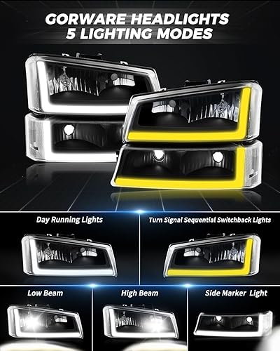 Miniatura 2 de GORWARE Faros delanteros para Silverado 2003 2004 2005 2006 2007, con tubo LED DRL + interruptor secuencial, conjunto de carcasa de faros negros con