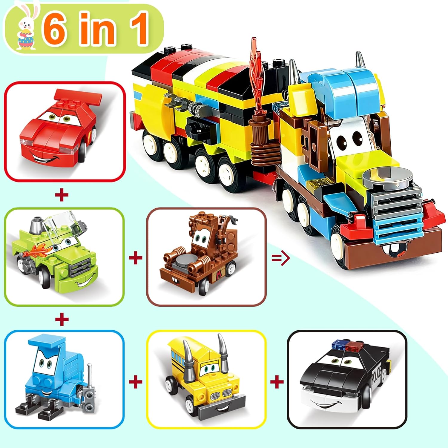 12 Pack 3" Large Filled Easter Eggs with Stem Toy Cars Kids Easter Basket Essential Plastic Surprise Egg Building Blocks 6 in 1 Transform Construction Vehicle Basket Stuffers Boy Egg Hunt Party Favor - Image 3