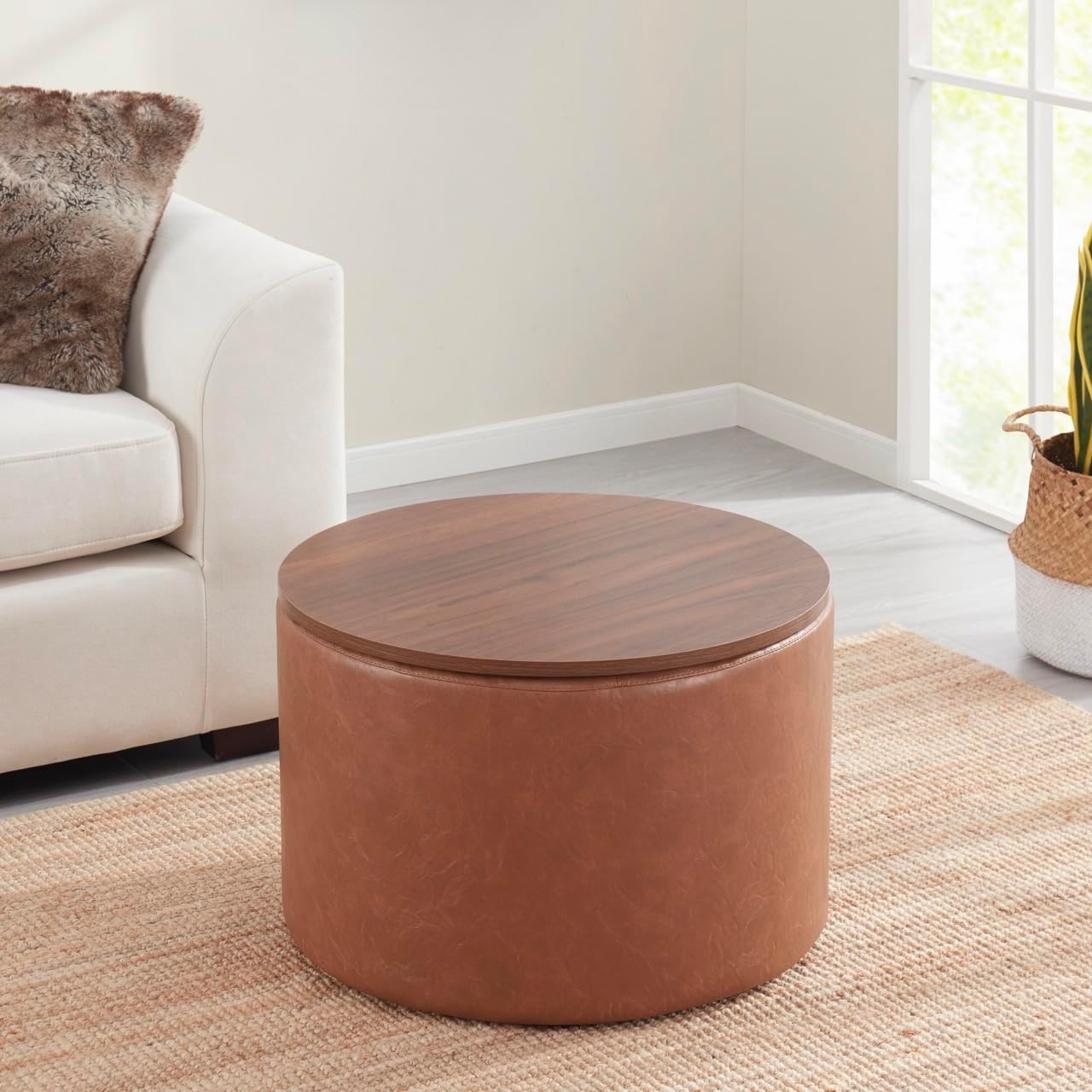 Ornavo Home 22 inch Large Round Ottoman Coffee Table Storage Ottoman with Wooden Lift Off Lid, Ottoman with Storage for Living Room, Bedroom and Office, Faux Leather Mocha