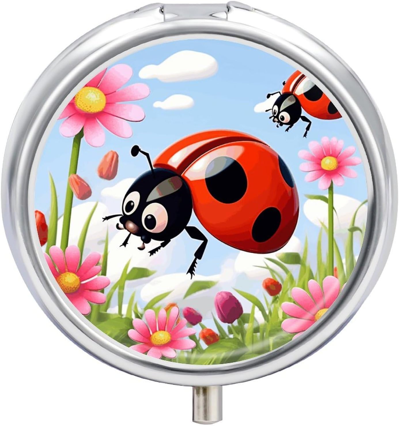 Round Daily Cartoon Ladybug Flower Pill Case with 3 Compartment & Mirror