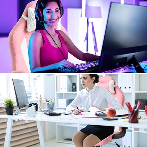Miniatura 7 de Silla de oficina en casa, linda silla de juegos Kawaii rosa para niña, ergonómica, escritorio de carreras, oficina, ajustable, con respaldo alto,