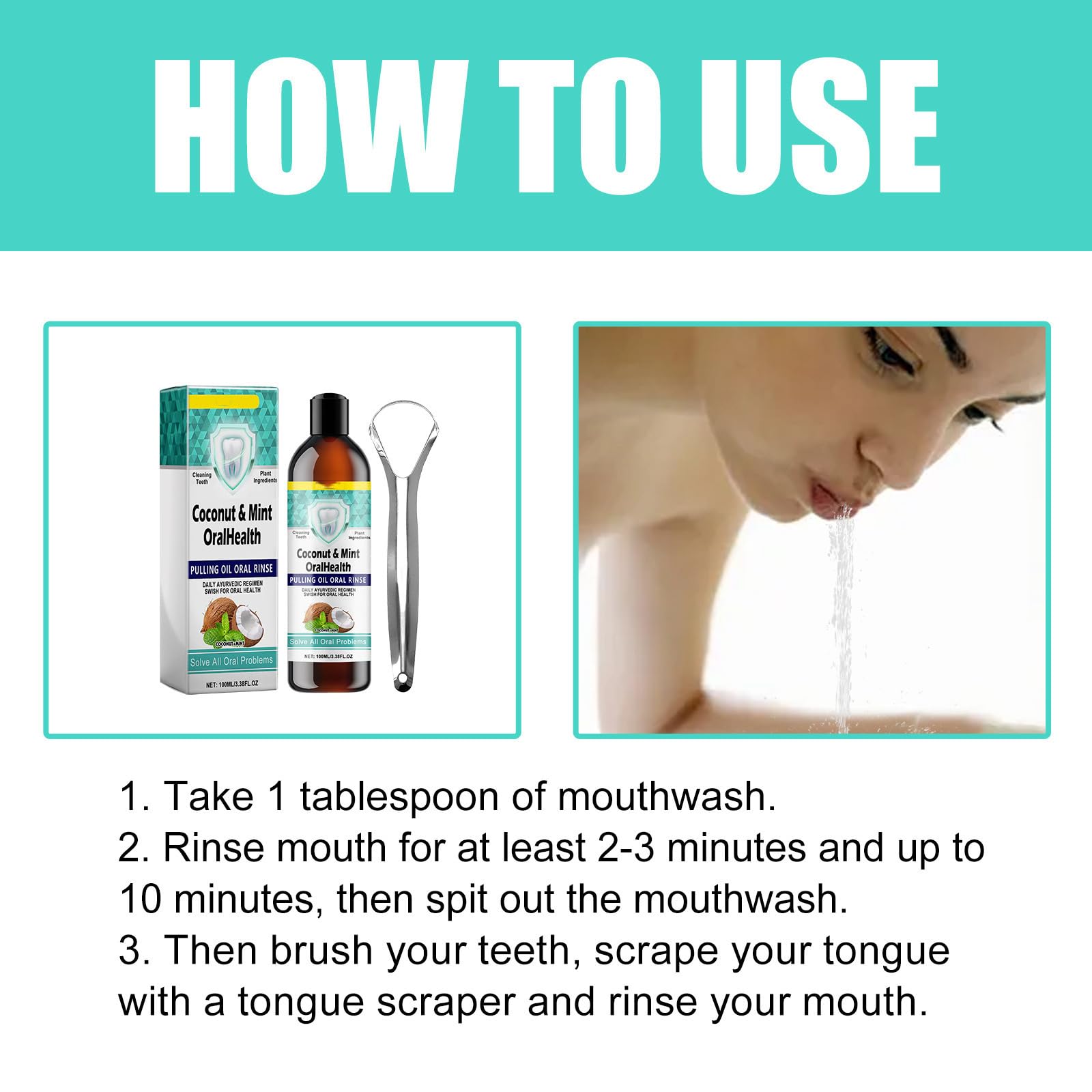 Enjuague bucal con aceite de coco - Enjuague bucal con aceite de coco para el cuidado bucal - Colutorio natural para combatir la placa y el mal aliento - con raspador de lengua para (8 botellas)