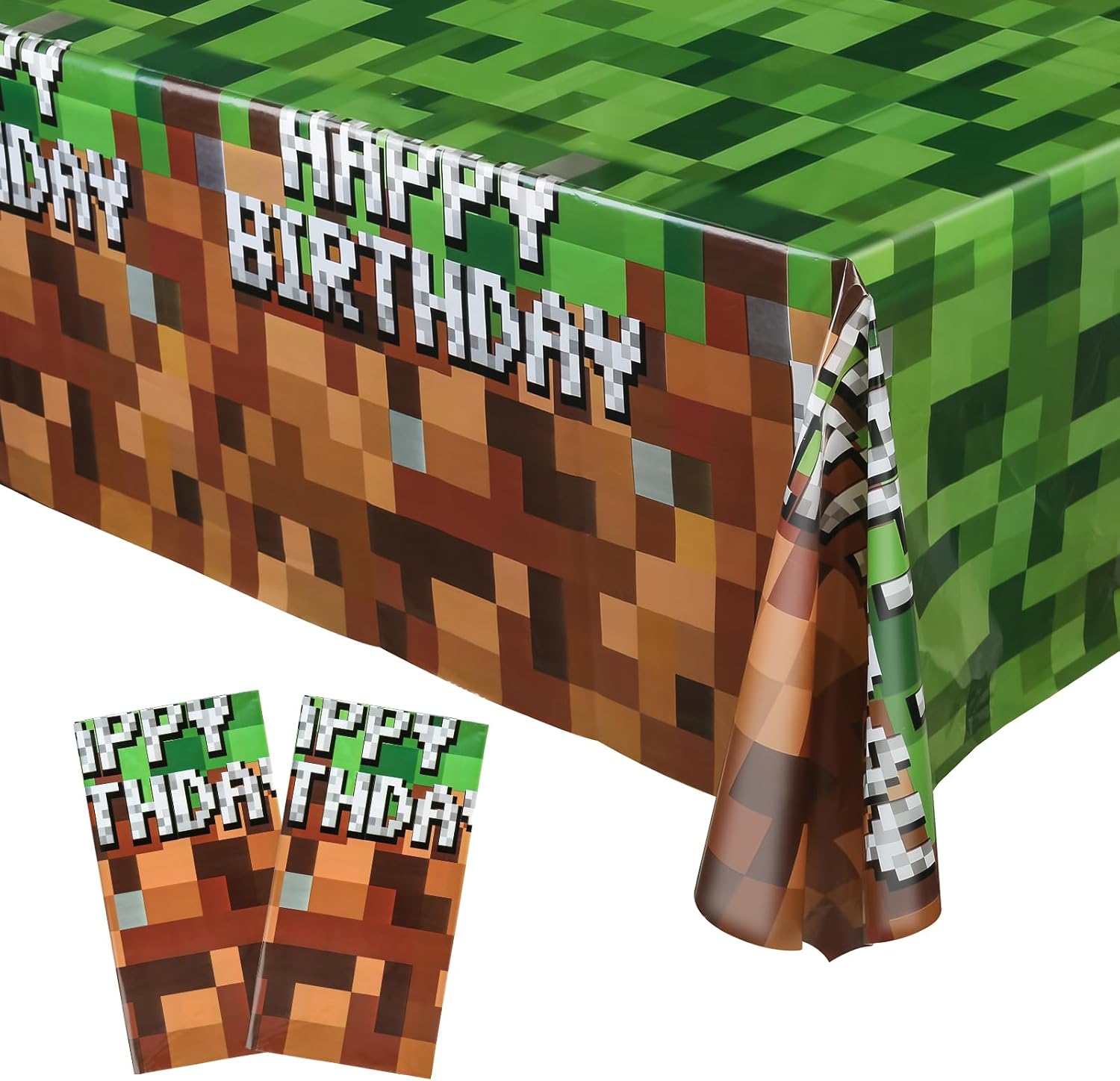 (SIMILAR TO STOCK PHOTO) DIFFERENT DESIGN) 2PCS Pixel Gaming Tablecloth Set, 54 x 108 inches, Green and Brown Party Table Cover for Video Game Themed Birthday Party Decoration Supplies