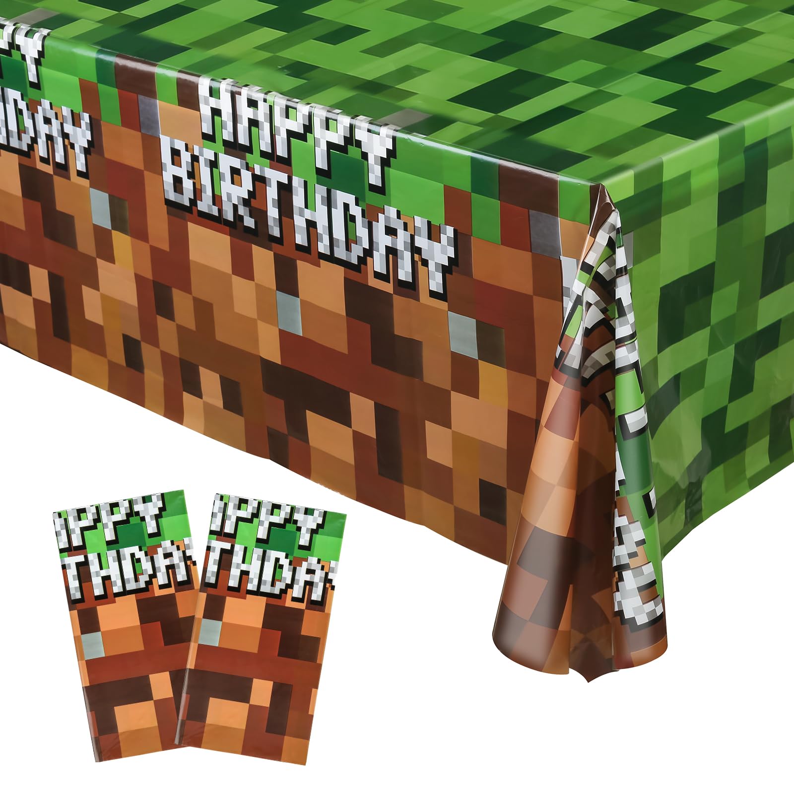 JamboRella 2PCS Pixel Gaming Tablecloth Set, 54 x 108 inches, Green and Brown Party Table Cover for Video Game Themed Birthday Party Decoration
