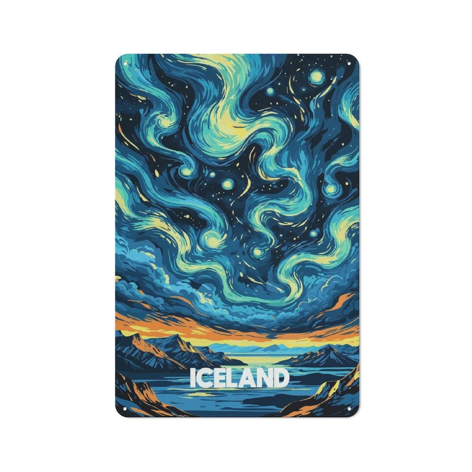 Junmoney Style-4 Retro Iceland Landscape With Starry Sky Vintage Metal Sign 30X20cm, Room Wall Plaque For Flat, Dorm Room, Lounge Or Cafe