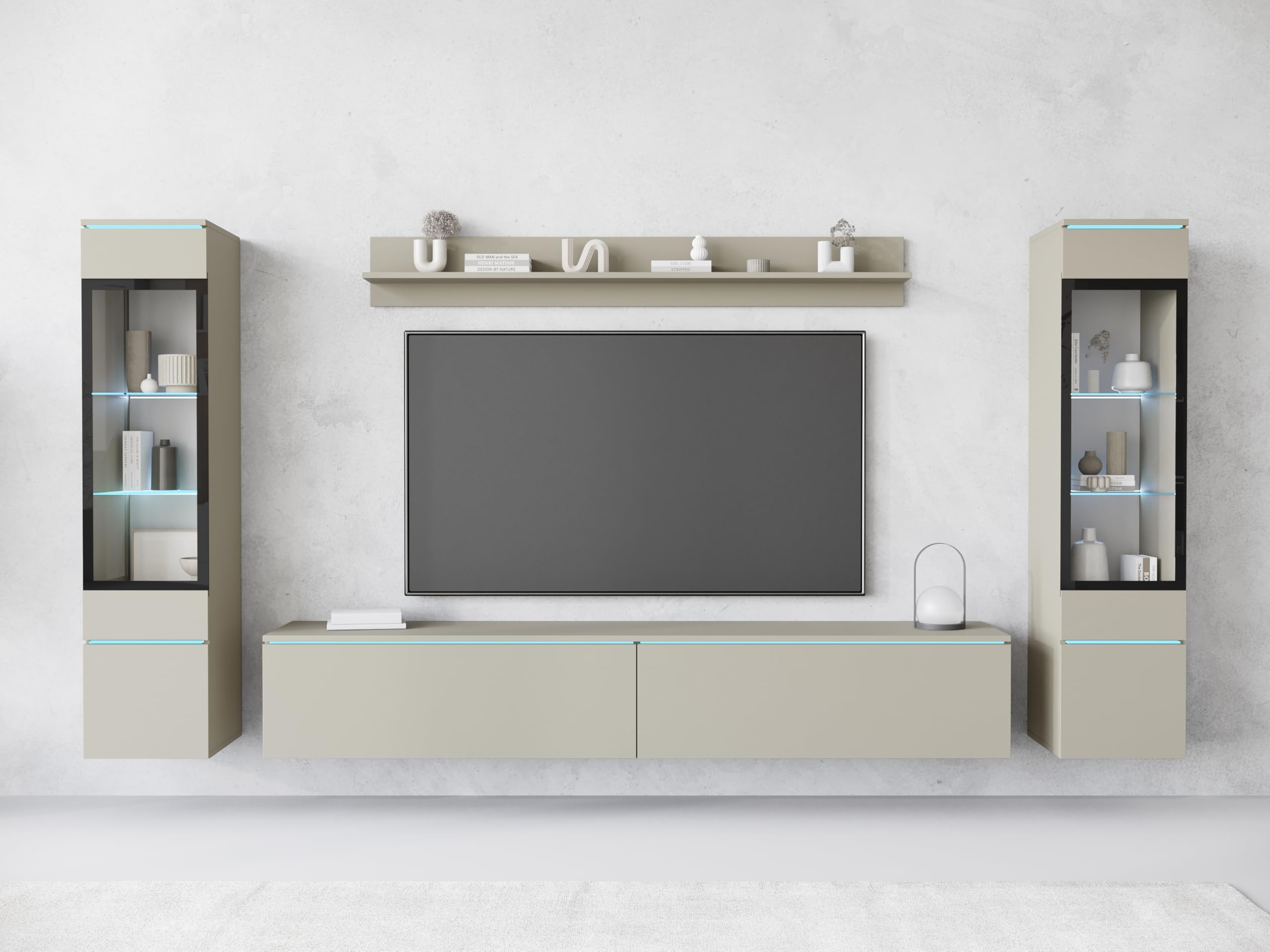 PIASKI Wohnzimmermöbel-Set Vera II, optionale LED-Beleuchtung, Wohnzimmermöbel, verschiedene Farben (Cashmir-Beige, ohne Beleuchtung)