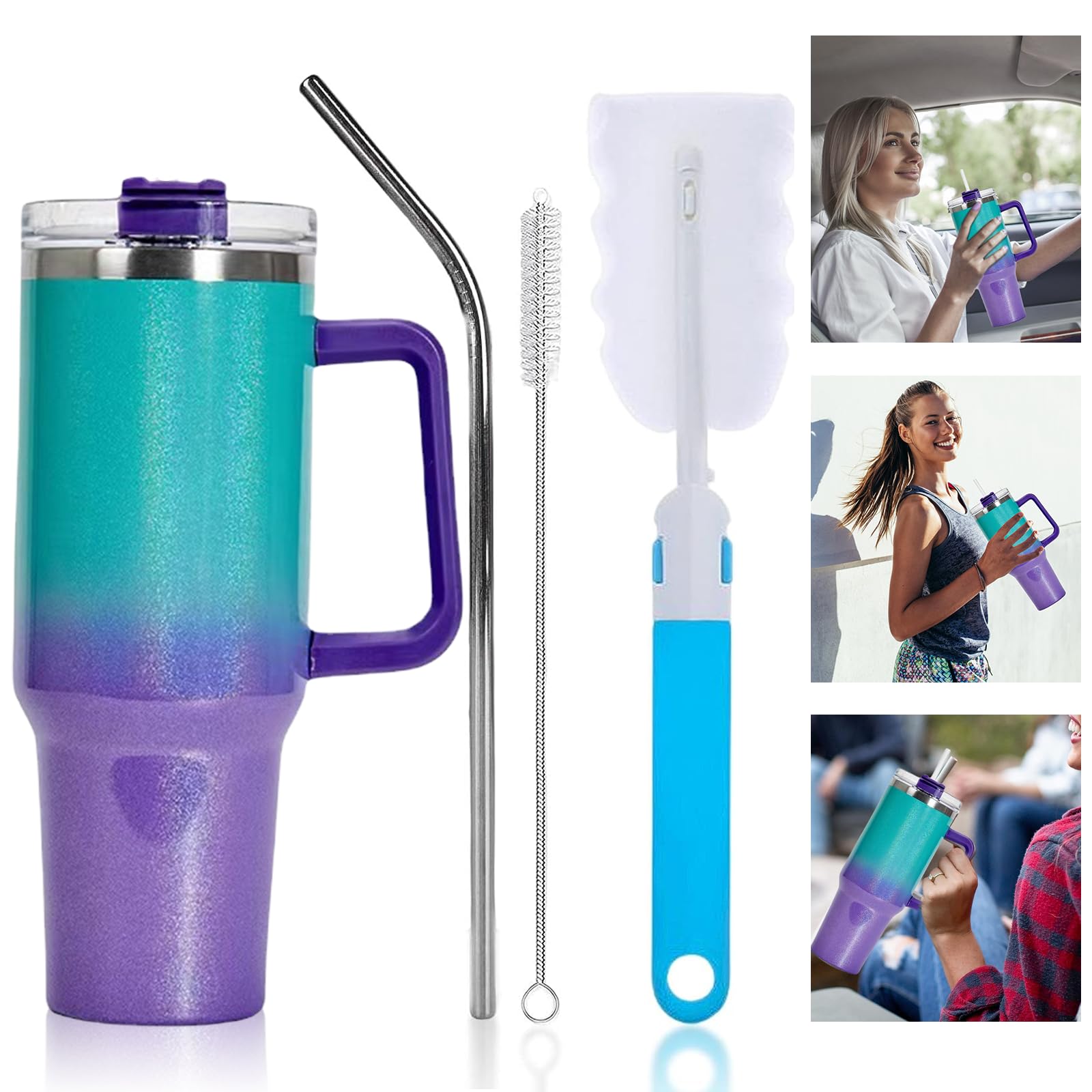 YOYIAG 40 oz Insulated Tumbler with Handle Reusable Insulated Coffee Cup with Stainless Steel Straw Car Water Bottle, Vacuum Travel Mug with Straw Brush and Cup Brush for Water Coffee Hot Cold