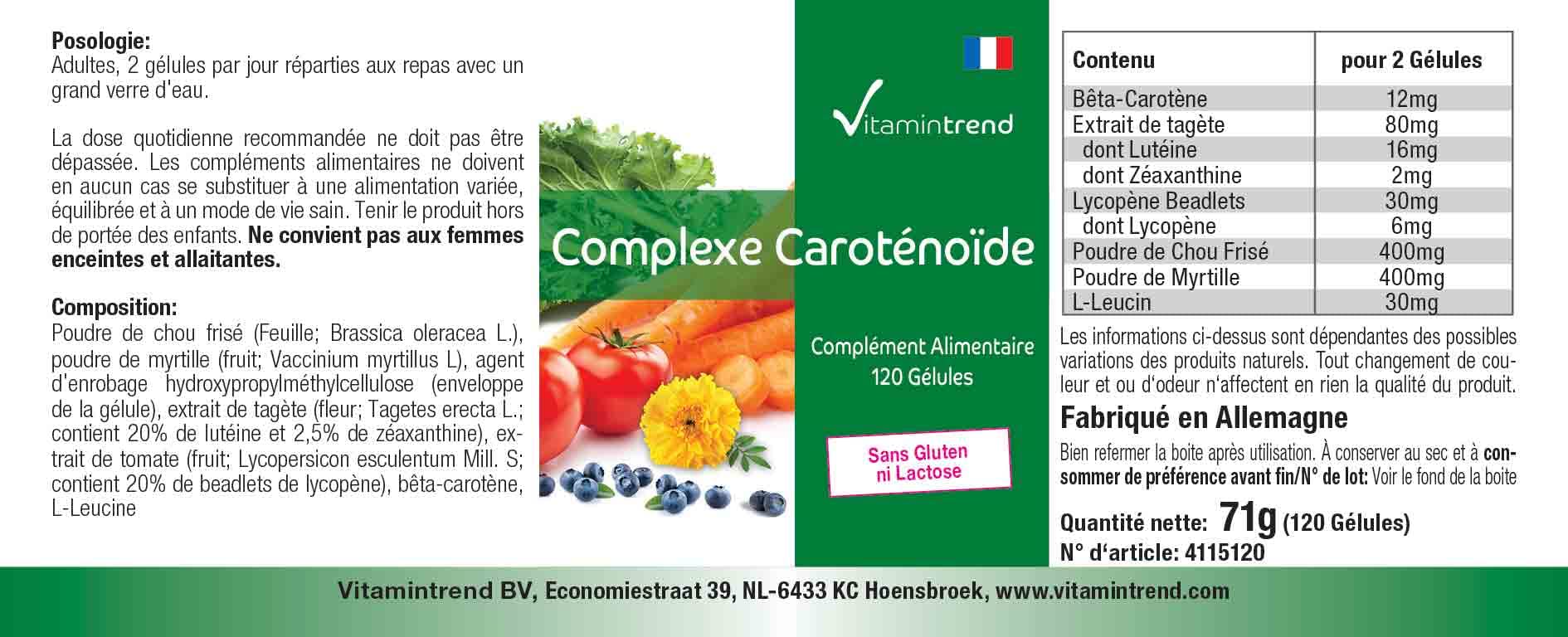 Vitamintrend Complesso di carotenoidi, 120 capsule, facili da deglutire, carotenoidi naturali, integratore alimentare vegano senza stearato di magnesio, prodotto in Germania