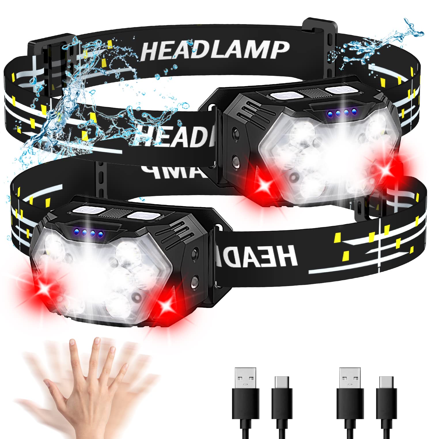 9 LED-Stirnlampe, wiederaufladbar, 2 Stück, 2000 Lumen, superhelle Stirnlampe, USB-C, 10 Modi mit weißem rotem Licht, Bewegungsmelder, Wandern, Angeln