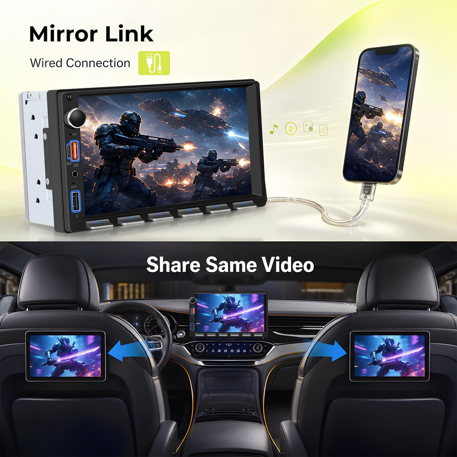 2 DIN Radio samochodowe z bezprzewodowym Carpal i Android, auto i MirrorLink, 7-calowy ekran dotykowy stereo z Bluetooth, FM, AUX/TF/tylną kamerą/SWC