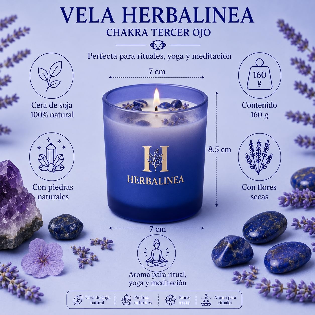 Candela profumata in 100% cera di soia con pietre naturali e fiori secchi, chakra del terzo occhio, candela profumata per meditazione, yoga e relax, decorazione zen, regalo originale per donna, 160 g