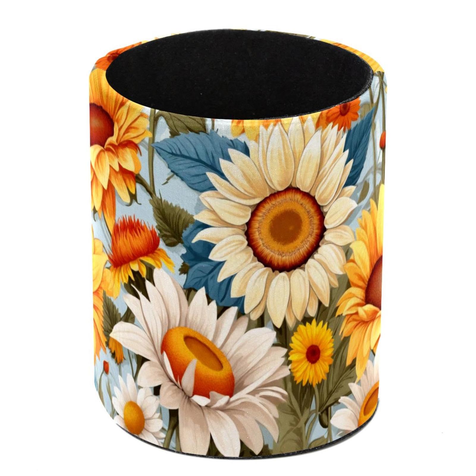 FWJZDSP Pen Holder, Pencil Holder, Sunflowers Daisies Desk Organizer Durable Leather Pencil Cup, Decorative Makeup Brush Holder Cup, Stationery Holder for Office, School, Home