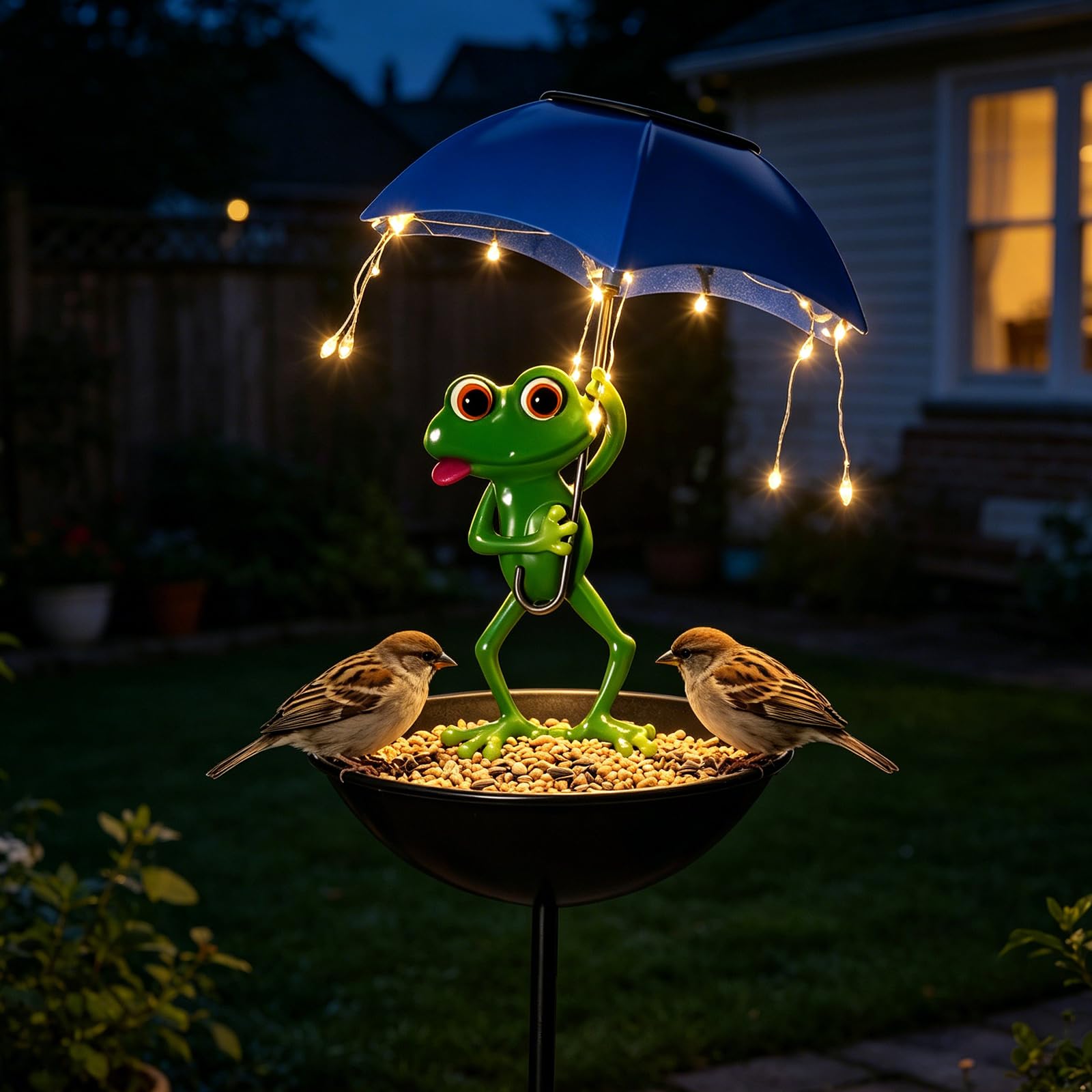 Mangiatoia a energia solare a forma di rana, per esterni, decorazione da giardino con ombrello, ciotola, mangiatoia decorativa per giardino, terrazza, prato, laghetto, cortile