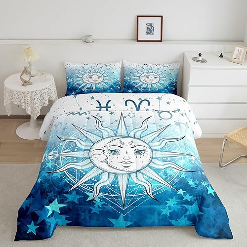 Manfei Juego de edredón de sol y luna, tamaño matrimonial, juego de ropa de cama con estampado de estrellas azules, 3 piezas para decoración de