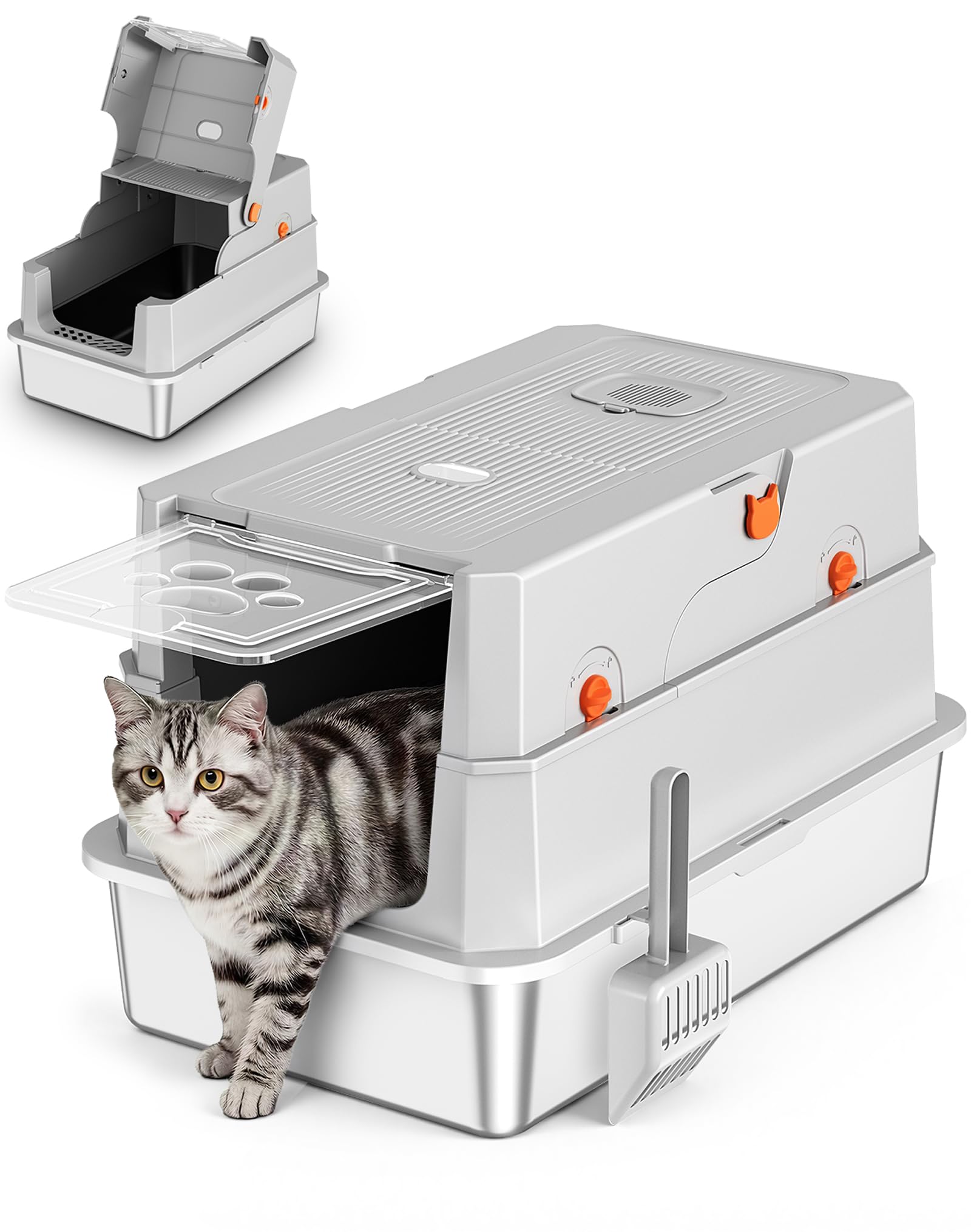 Stainless Steel Cat Litter Tray with Scoop, XXL Enclosed Metal Cat Litter Box with Hood, High Sided Toilet for Cats, Flip-Top Pet Tray for Small and Large Cats, Easy to Scoop, Leak-Proof, Odour-Free